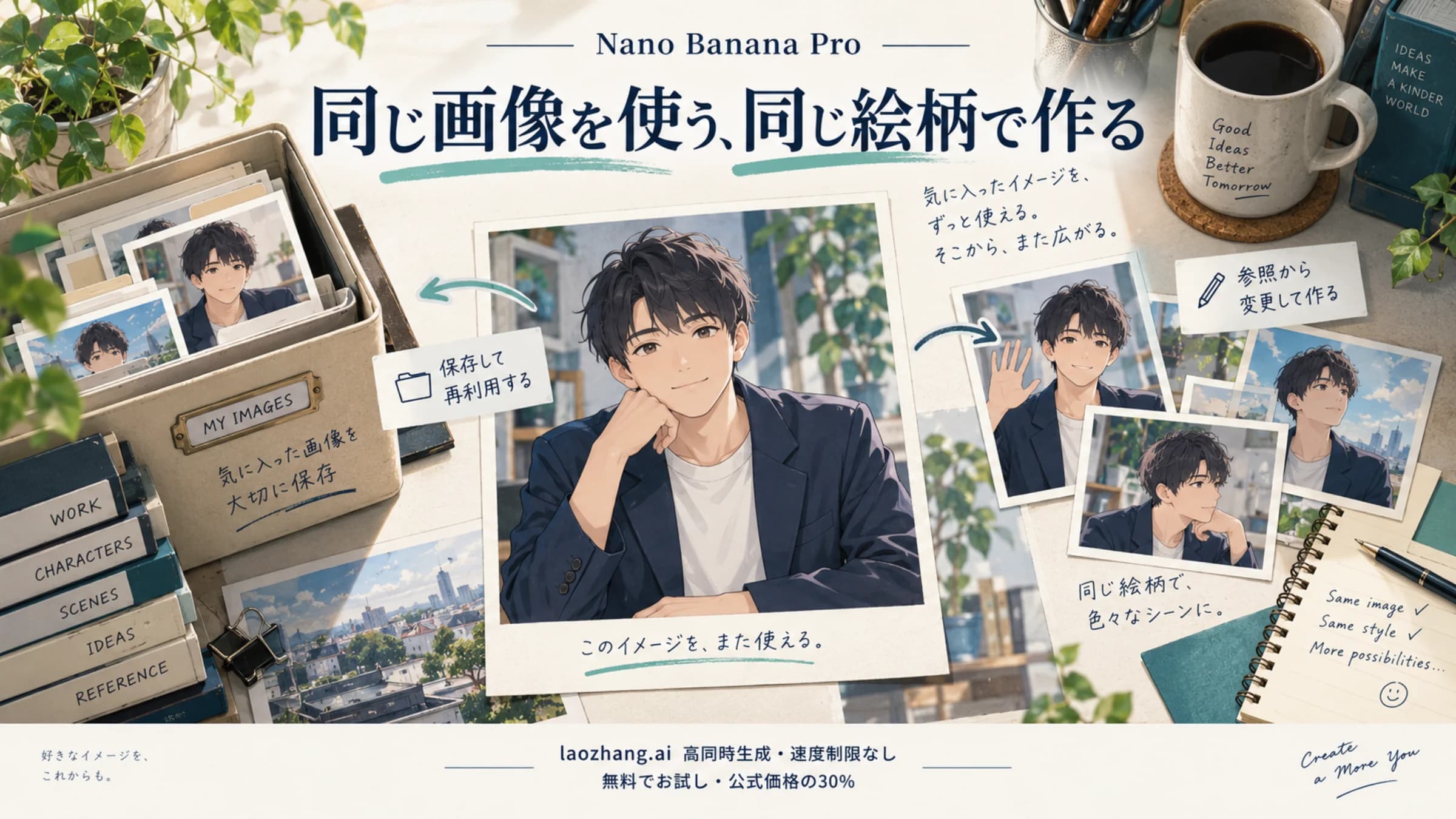 完成画像の保存と、参照画像から別の場面を作る方法を描いた説明イラスト