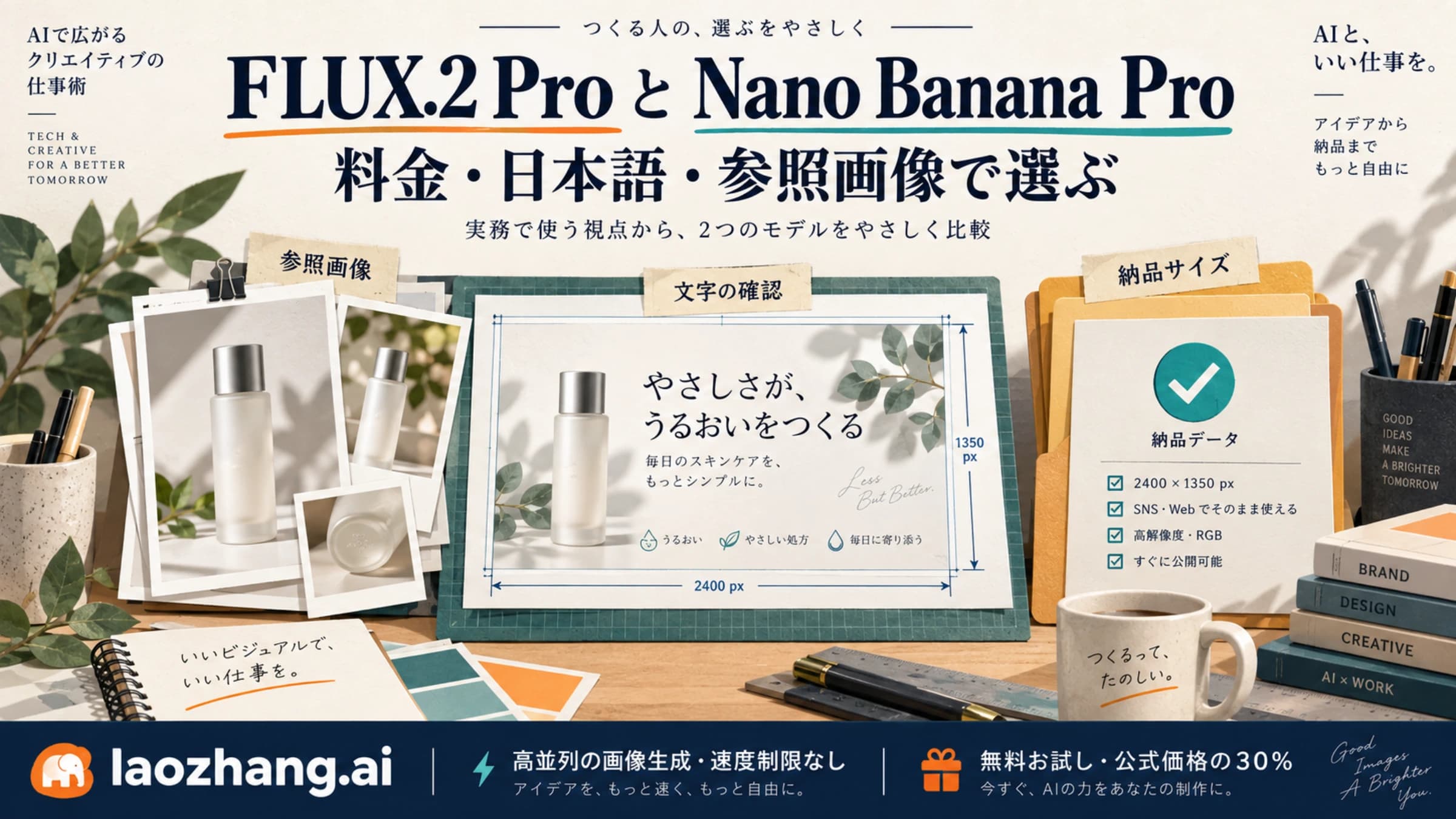 FLUX.2 ProとNano Banana Proを、参照画像、日本語の文字、納品サイズから選ぶための説明イラスト
