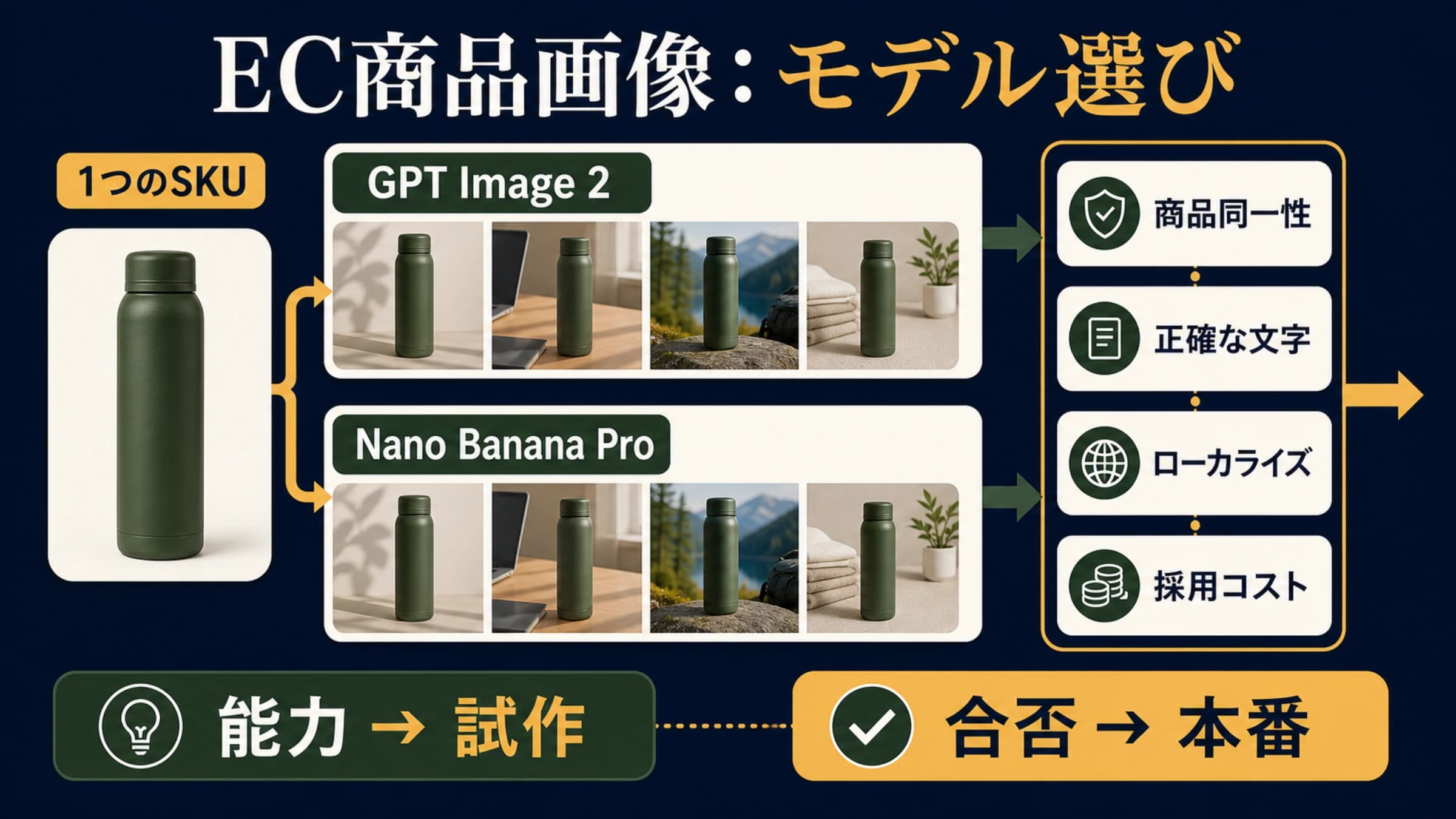 一つの商品参照がNano Banana ProとGPT Image 2に分かれ、商品同一性、文字、ローカライズ、費用で受け入れ判定される図