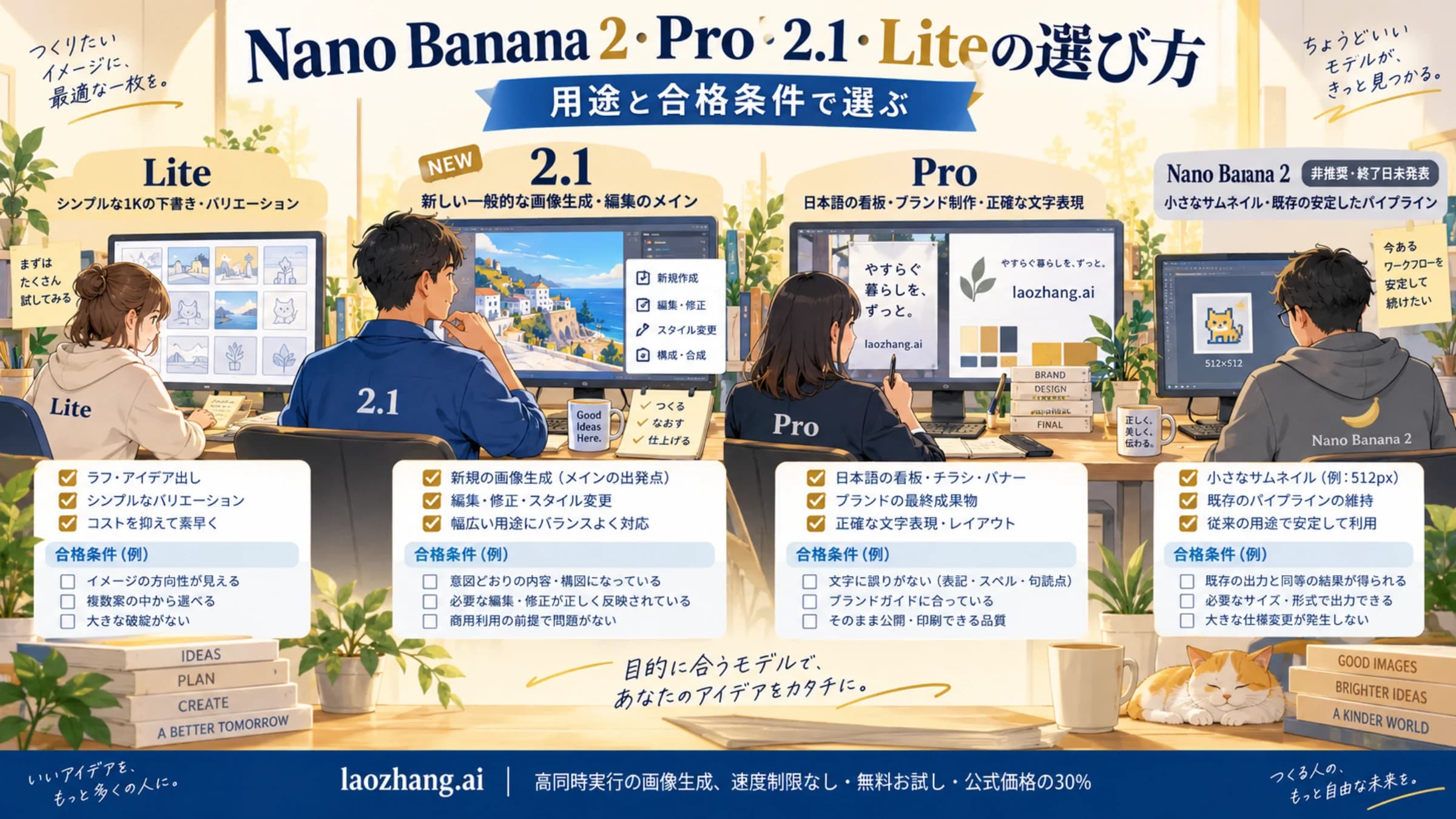 新規の汎用画像は2.1、下書きはLite、文字やブランドの最終素材はPro、512pxや既存処理は2で分担する図