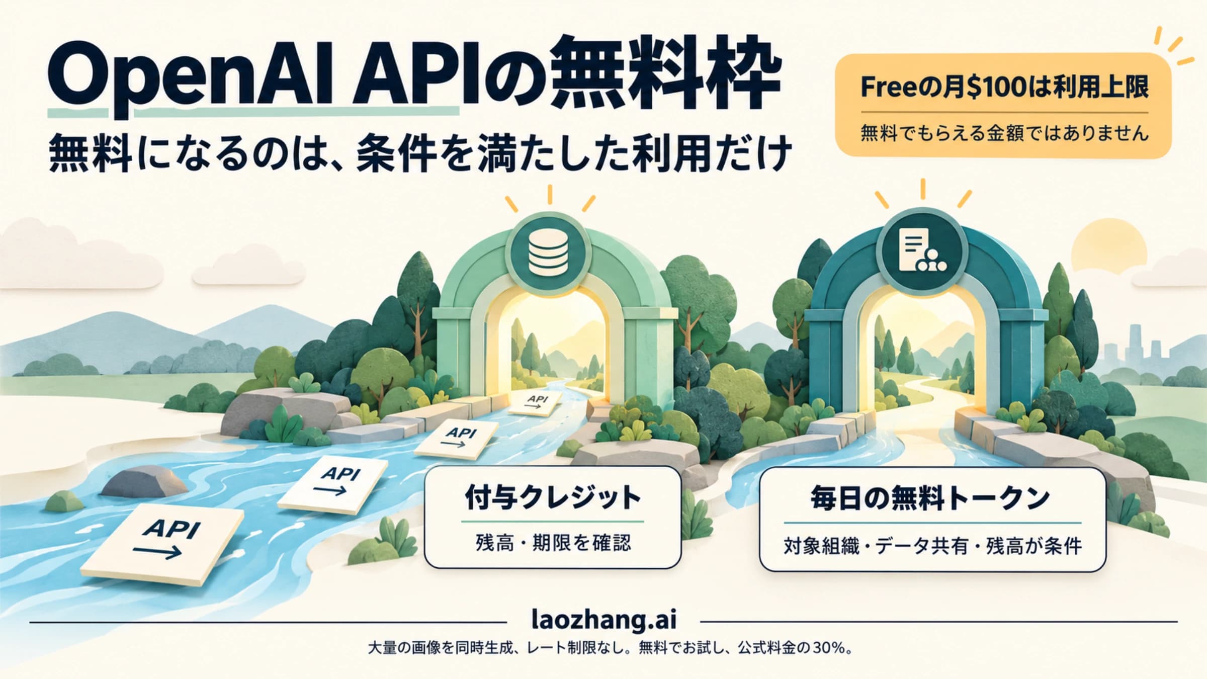 OpenAI APIで料金が無料になる二つの条件として、付与クレジットと対象組織向けの毎日の無料トークンを二つの入口で表したイラスト