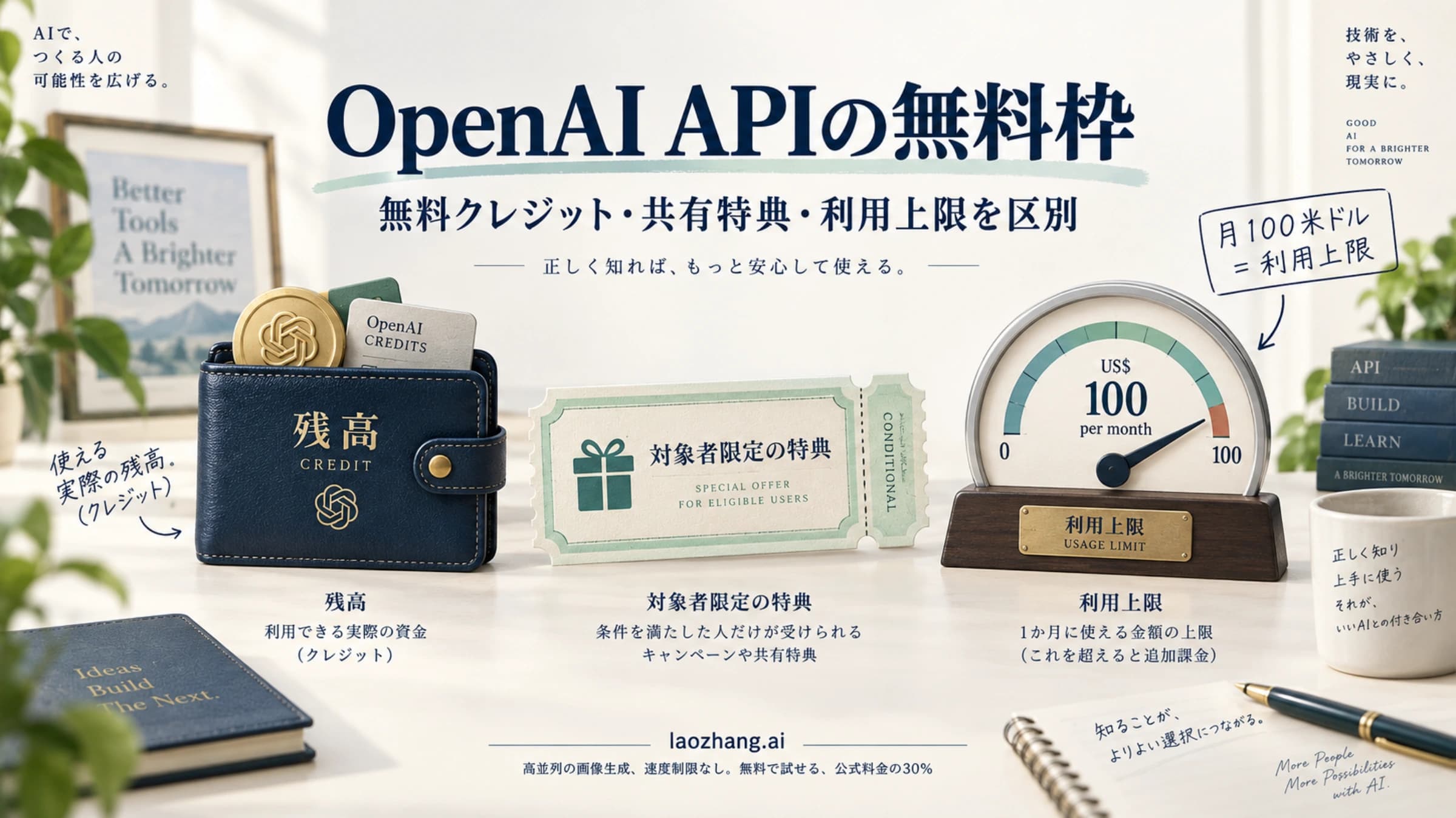 OpenAI APIの残高、対象者限定の特典、月間利用上限を分けて示した図
