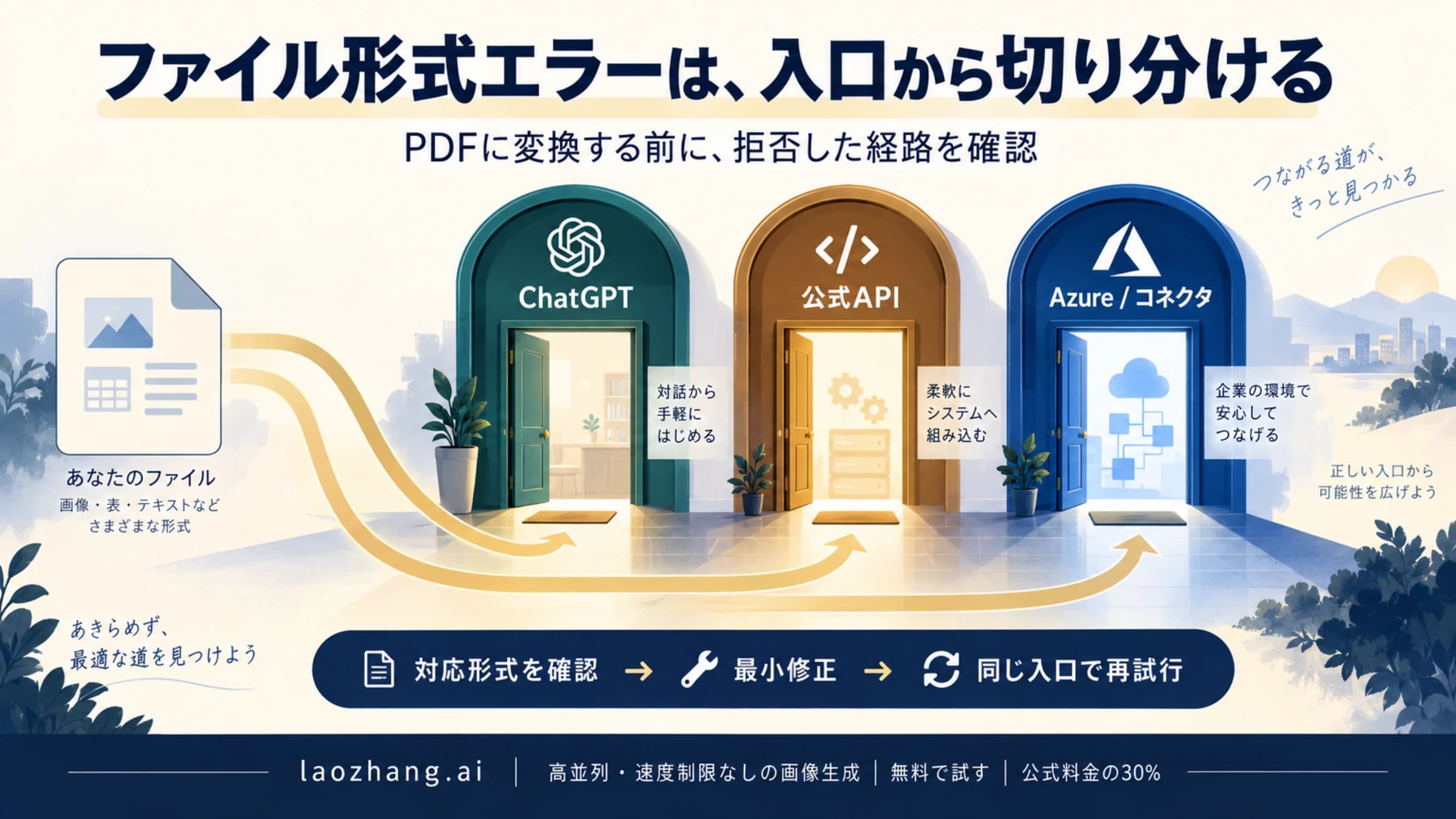 ファイル拒否エラーをChatGPT、公式API、Azureまたはコネクタの入口で切り分ける概念図