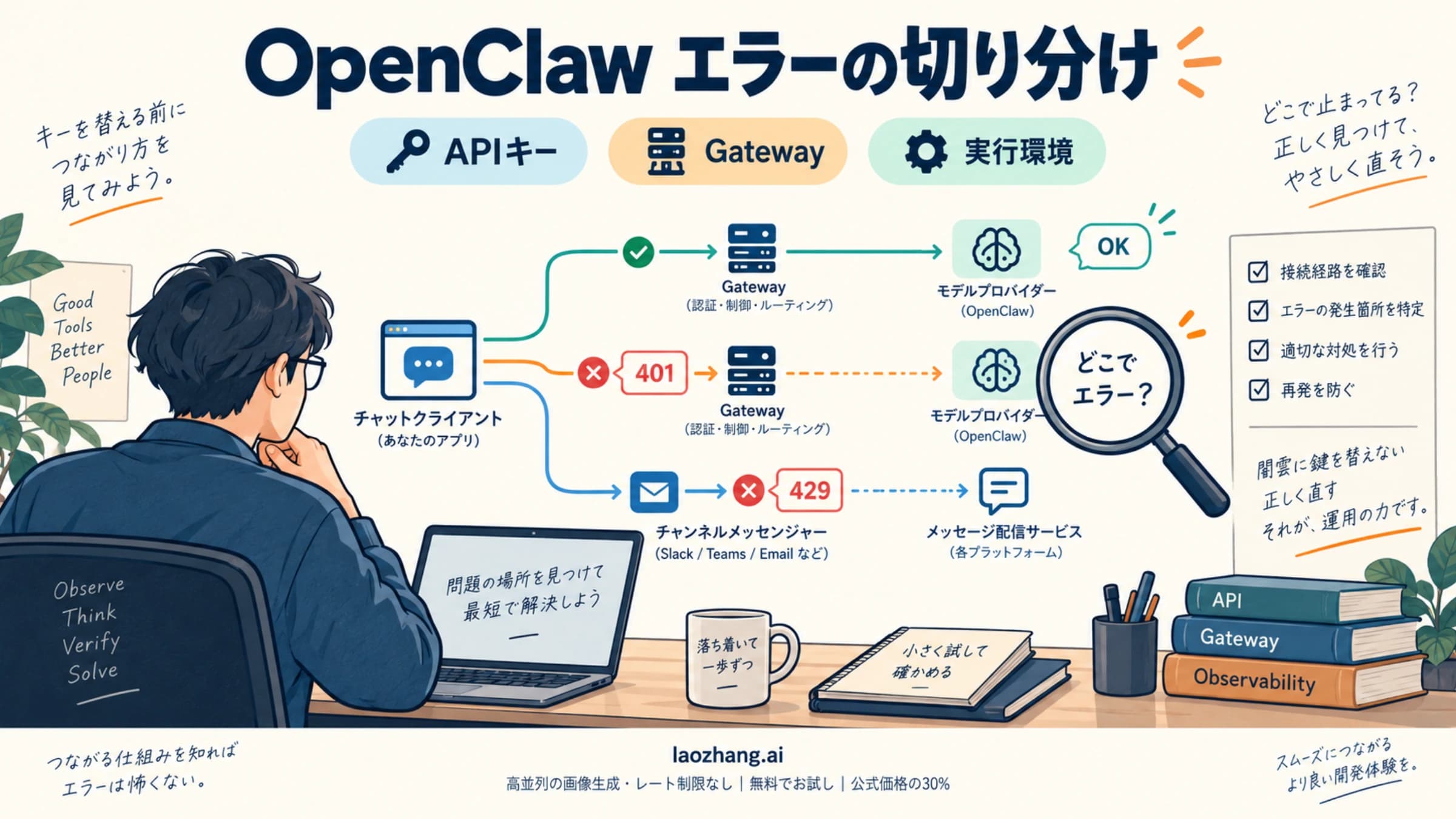 OpenClawの接続先とエラーが起きた箇所を調べる概念図