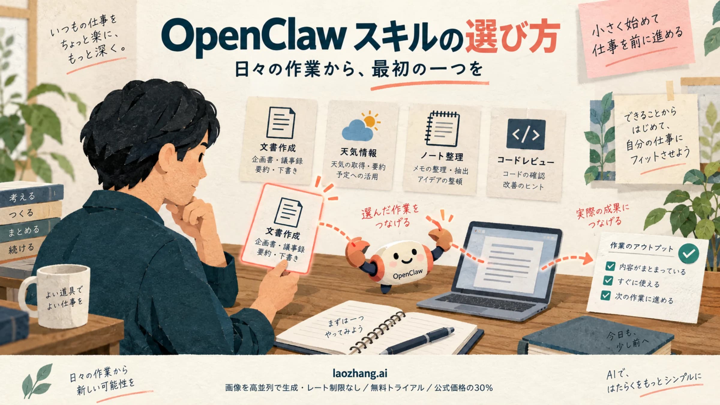 日々の作業からOpenClawのスキルを一つ選び、必要な作業の出力につなげるイメージ