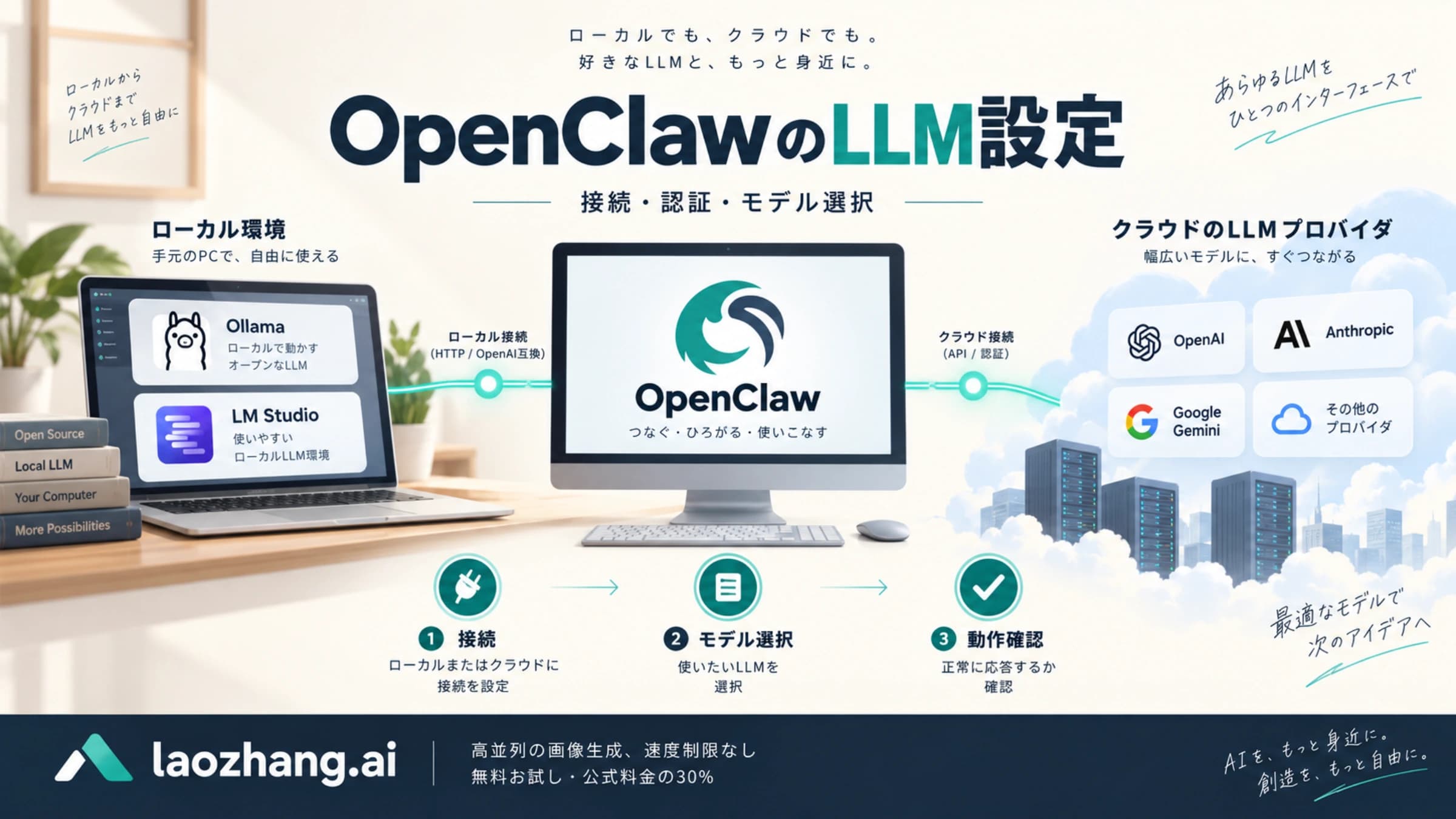 OpenClawからローカルとクラウドのLLMへ接続し、モデルを選んで動作確認する流れのイメージ