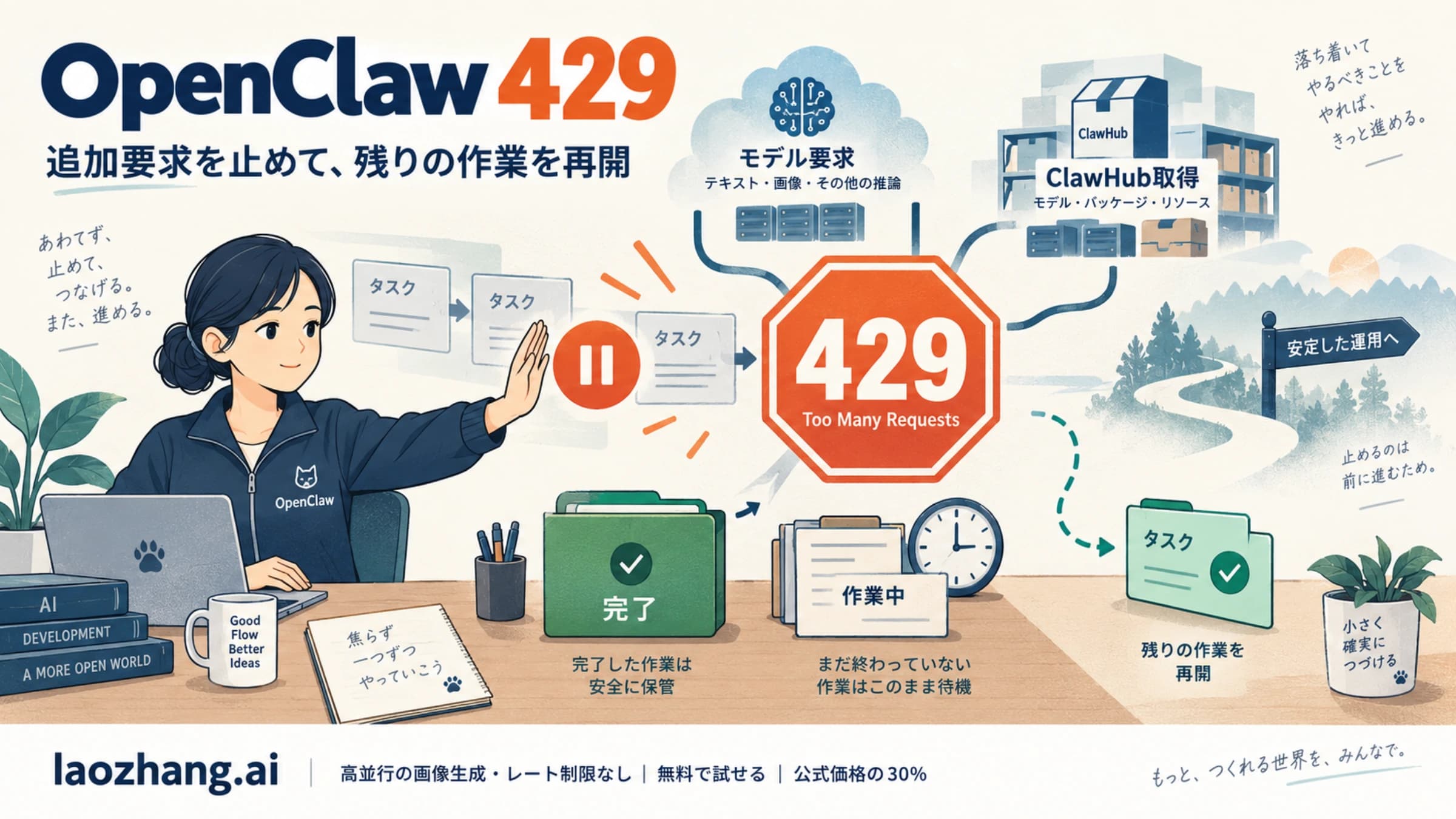 OpenClawの429で追加要求を止め、完了した作業を残して、未完了の作業を再開するイメージ