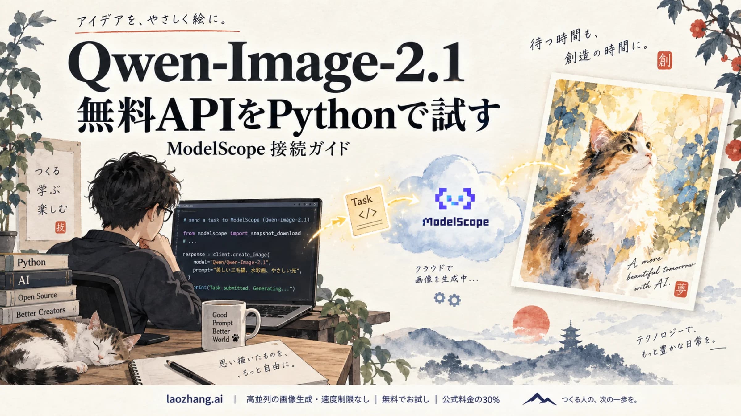 PythonからModelScopeへ画像生成を依頼し、結果の画像を受け取る流れのイメージ