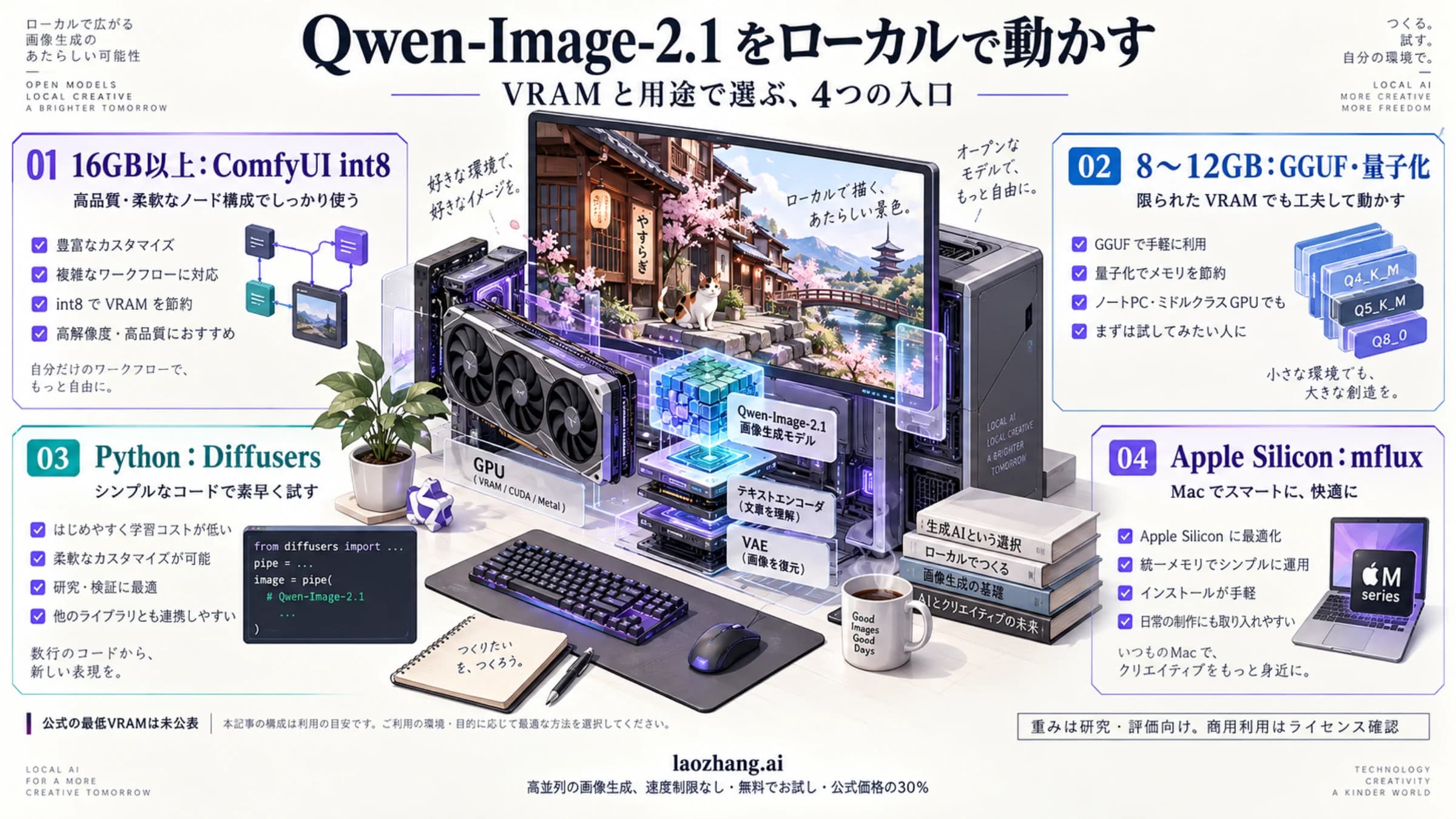 Qwen-Image-2.1 をローカルで動かすときの VRAM 別ルート(ComfyUI int8・GGUF・Diffusers・Mac mflux)と非商用ライセンスを示す日本語の図解
