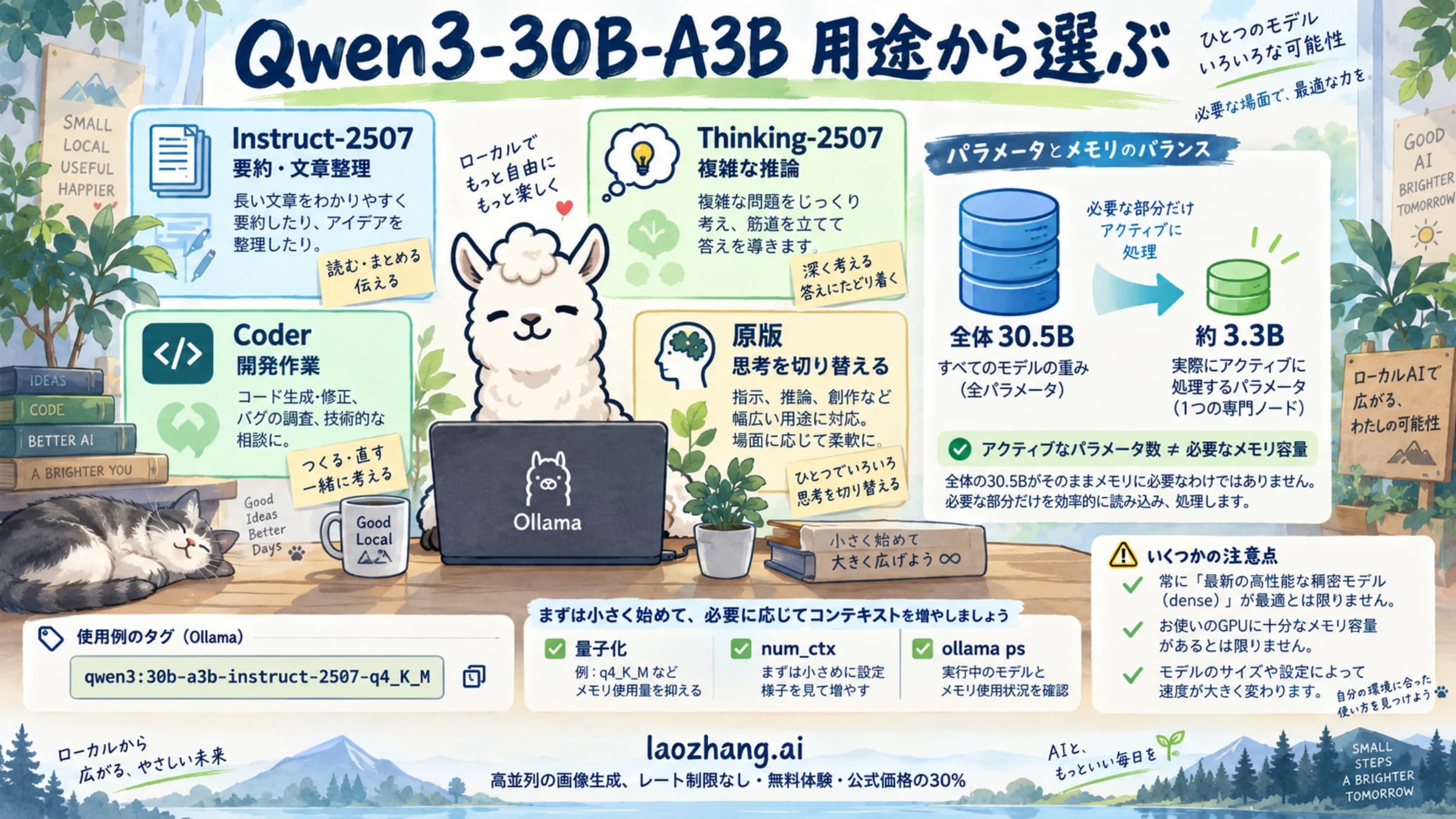 Qwen3-30B-A3Bの用途別モデルと、全重み・有効化パラメータ・実行設定の違いを示す図