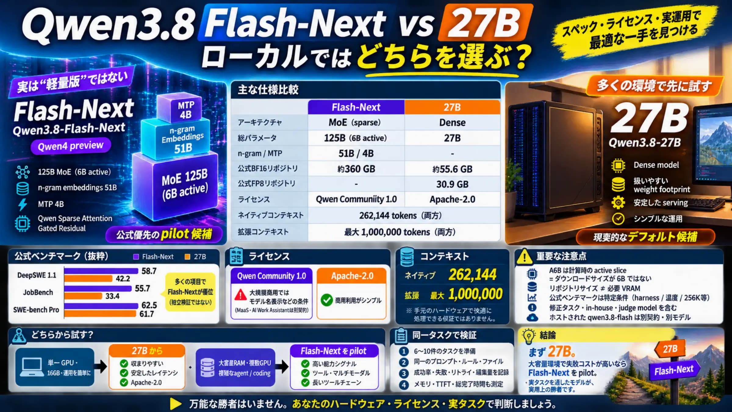 Qwen3.8 Flash-Nextと27Bのローカル実行ルート比較