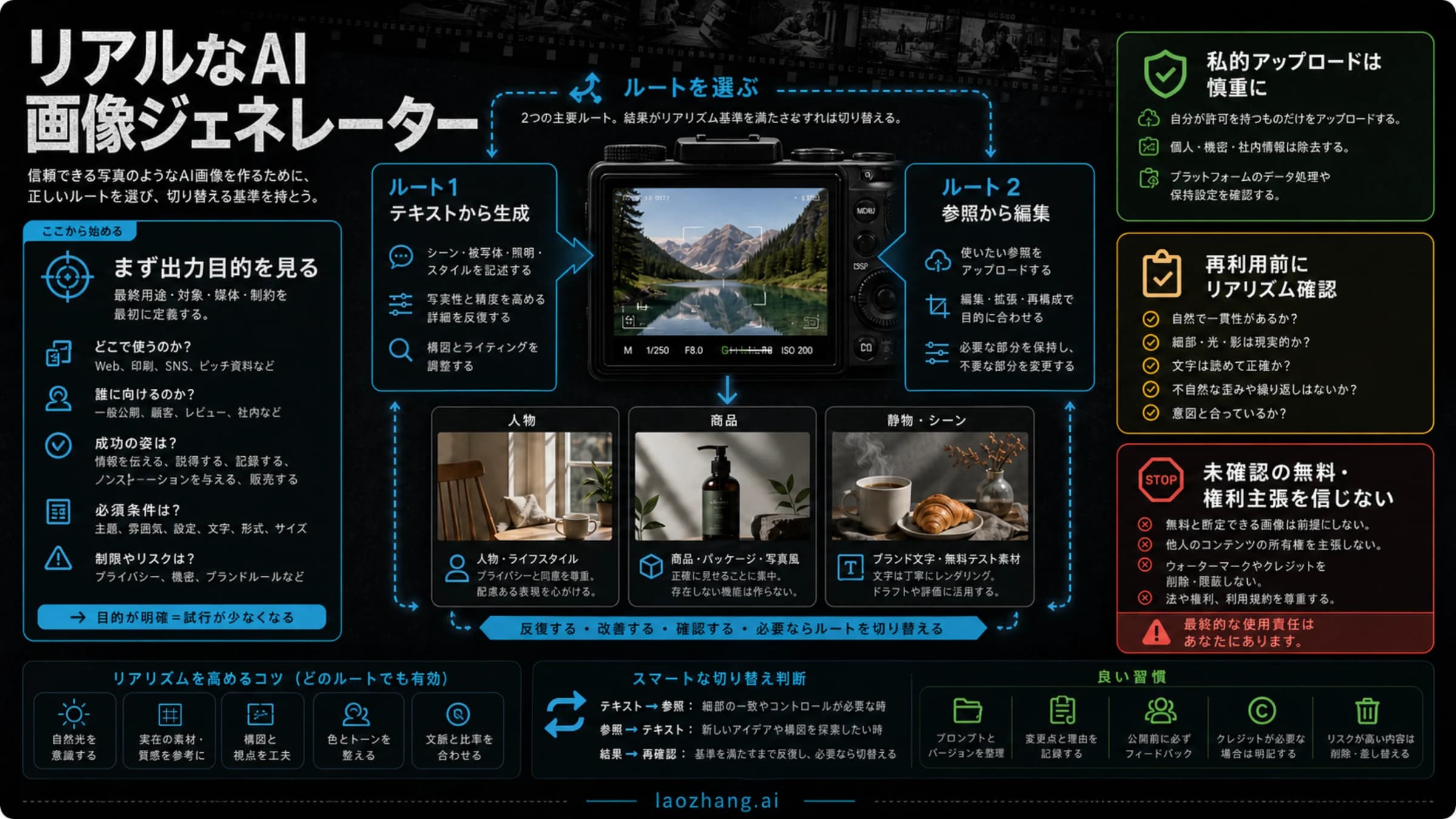 リアルなAI画像生成のルート選択、プライバシー、写実性QA、停止ルールを示す情報ボード