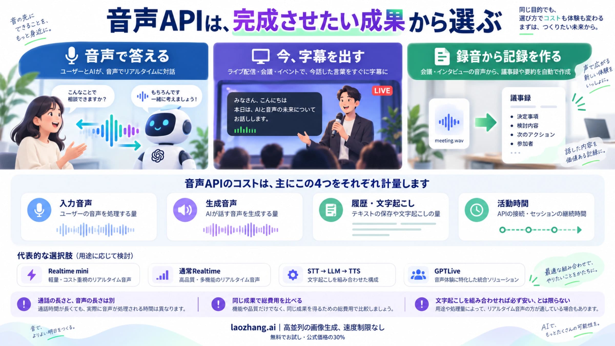 音声応答、ライブ字幕、録音の記録という成果を先に決め、入力音声・生成音声・活動時間を別々に数える図