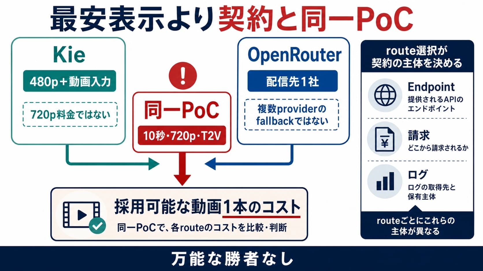 同一のSeedance 2.0動画ジョブをKie、OpenRouter、第三者APIへ送り、採用可能な動画1本あたりのコストで比較する図