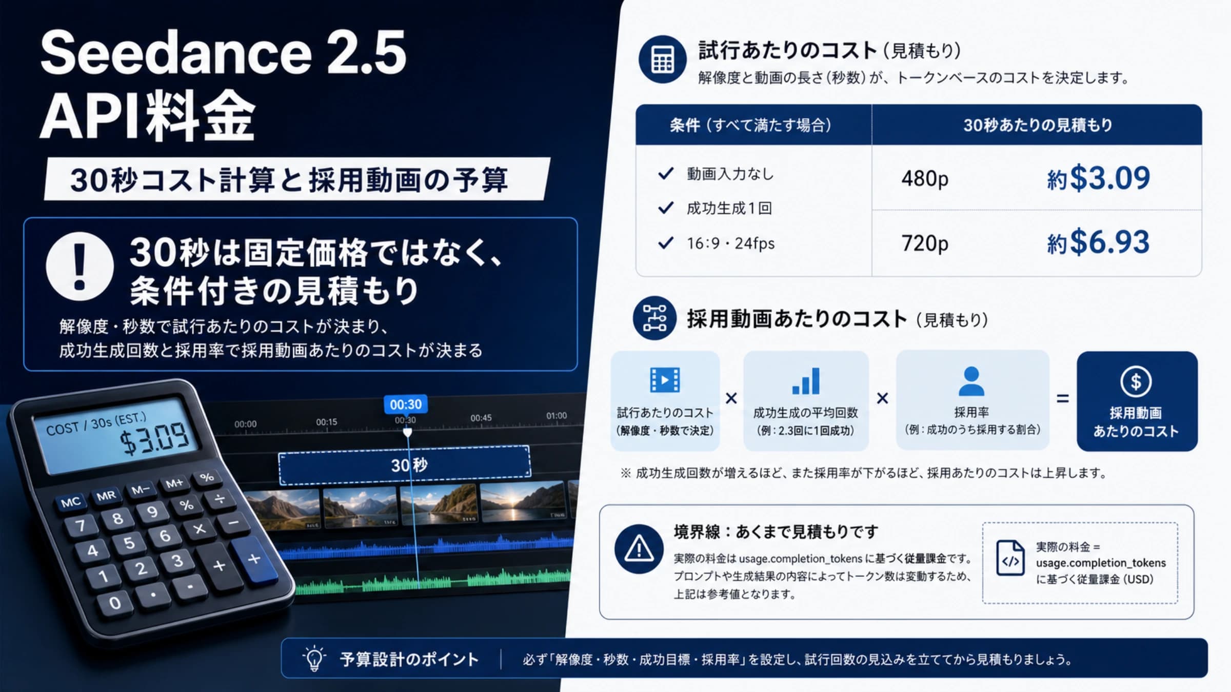 Seedance 2.5の30秒生成費用をtoken単価から採用動画まで計算する流れ