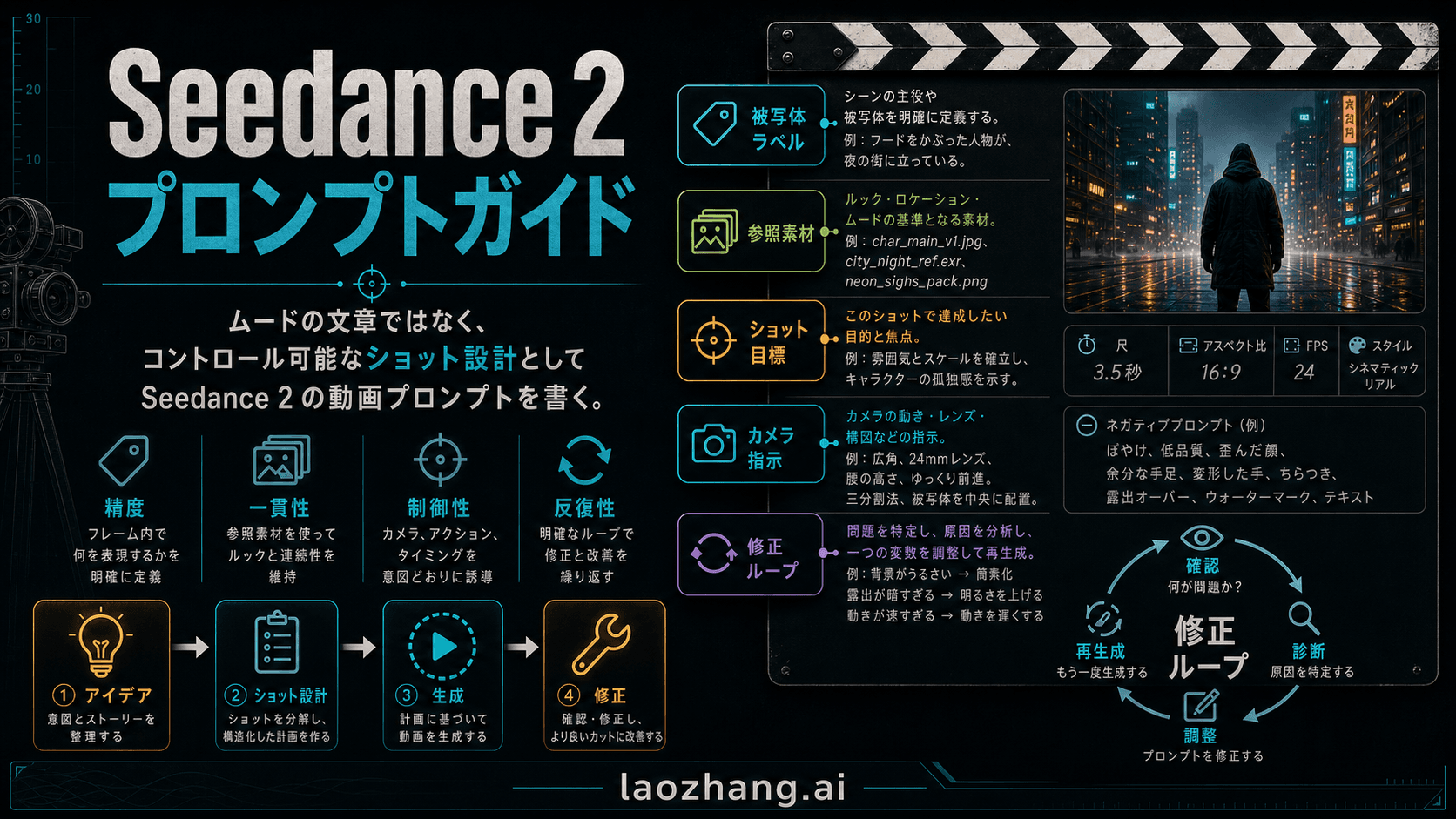 Seedance 2 プロンプトガイドの日本語カバー。被写体ラベル、参照素材、ショット目標、修正ループを示す