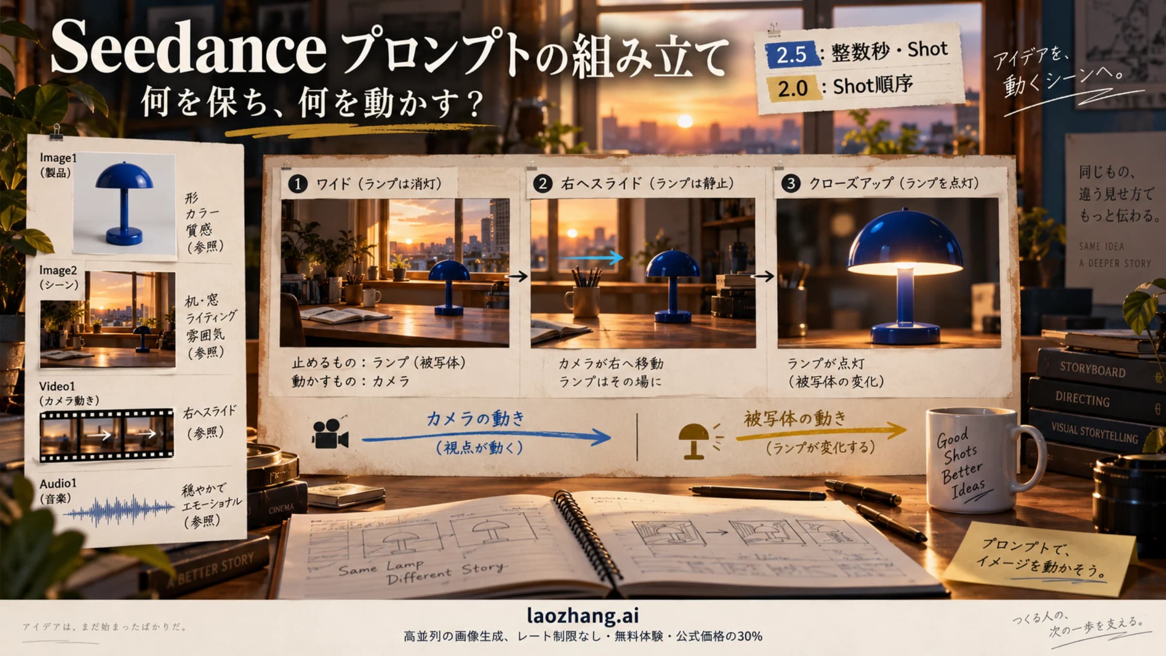 青いランプの素材分担と三カットを、被写体とカメラの動きを分けて組み立てる概念図
