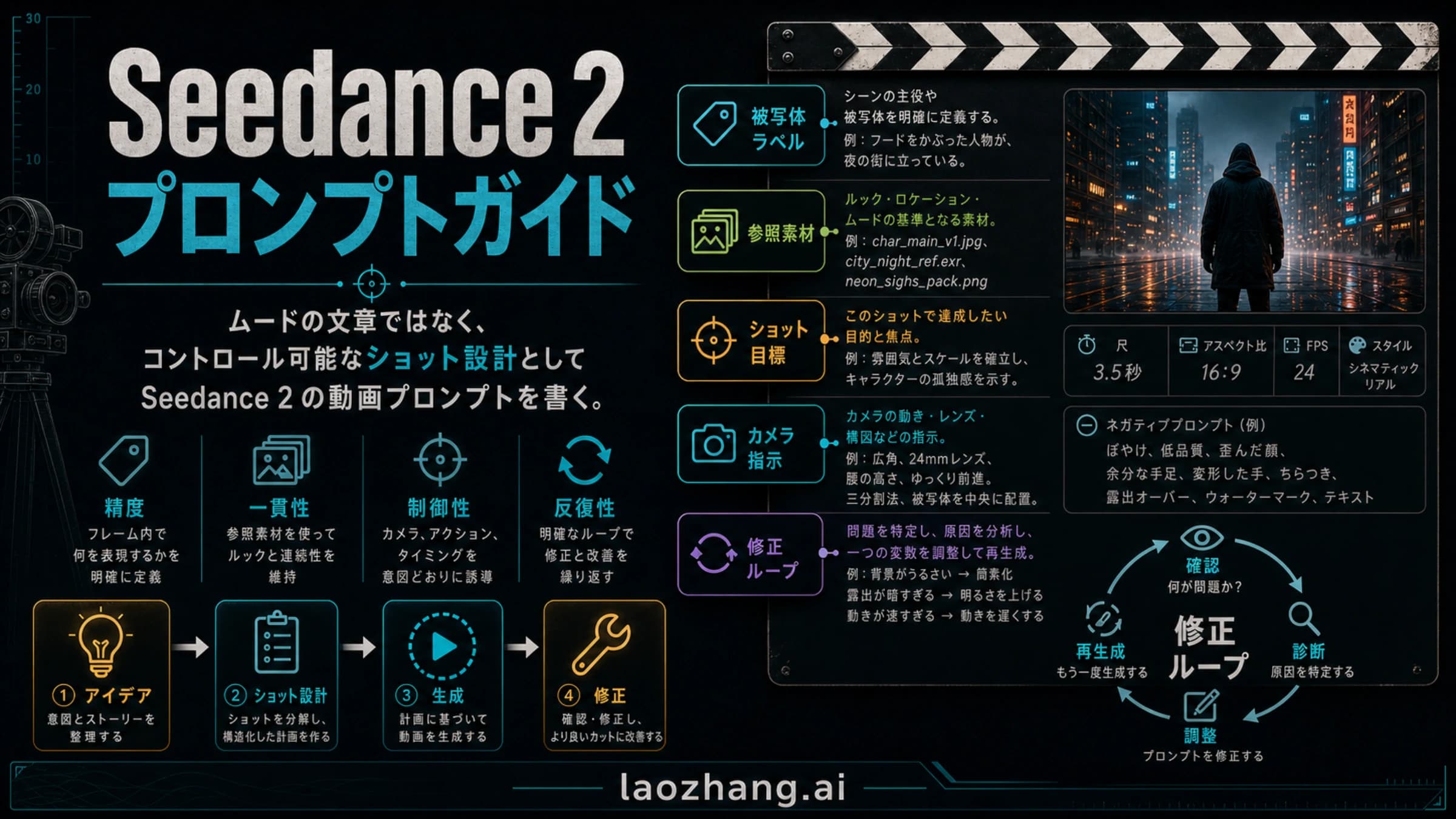 Seedanceのプロンプトを被写体、参照素材、ショット設計と修正に分けて考える図