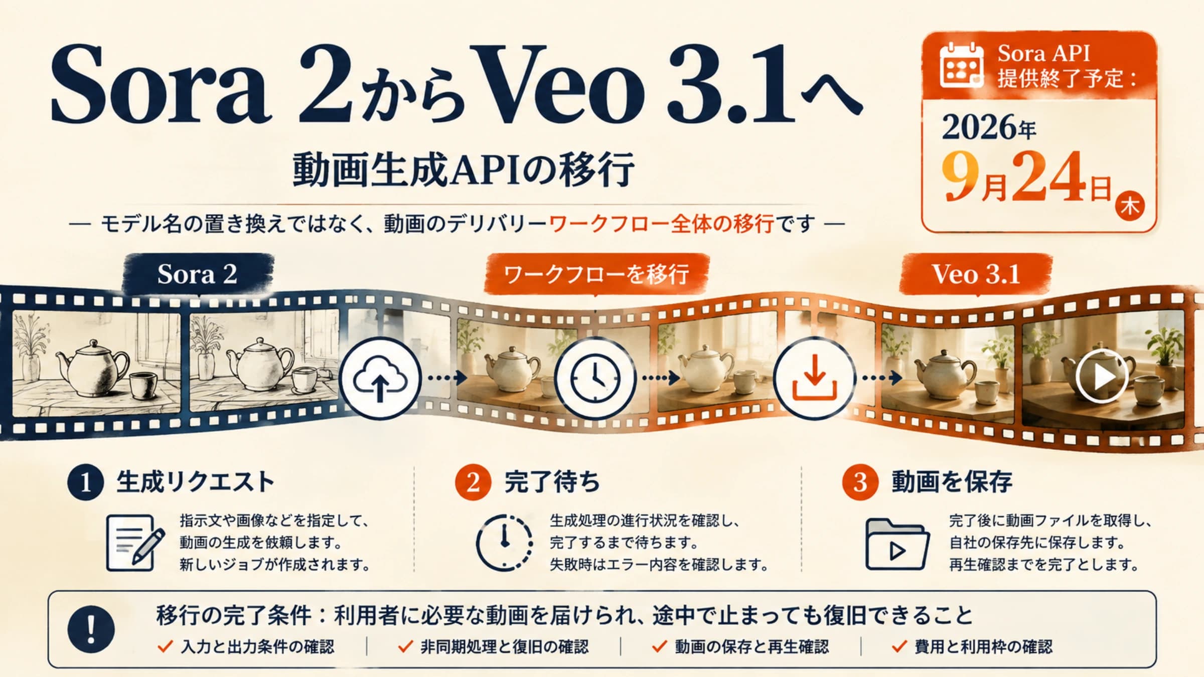 Sora 2からVeo 3.1へ、生成リクエスト・完了待ち・動画保存を移す流れと提供終了予定日