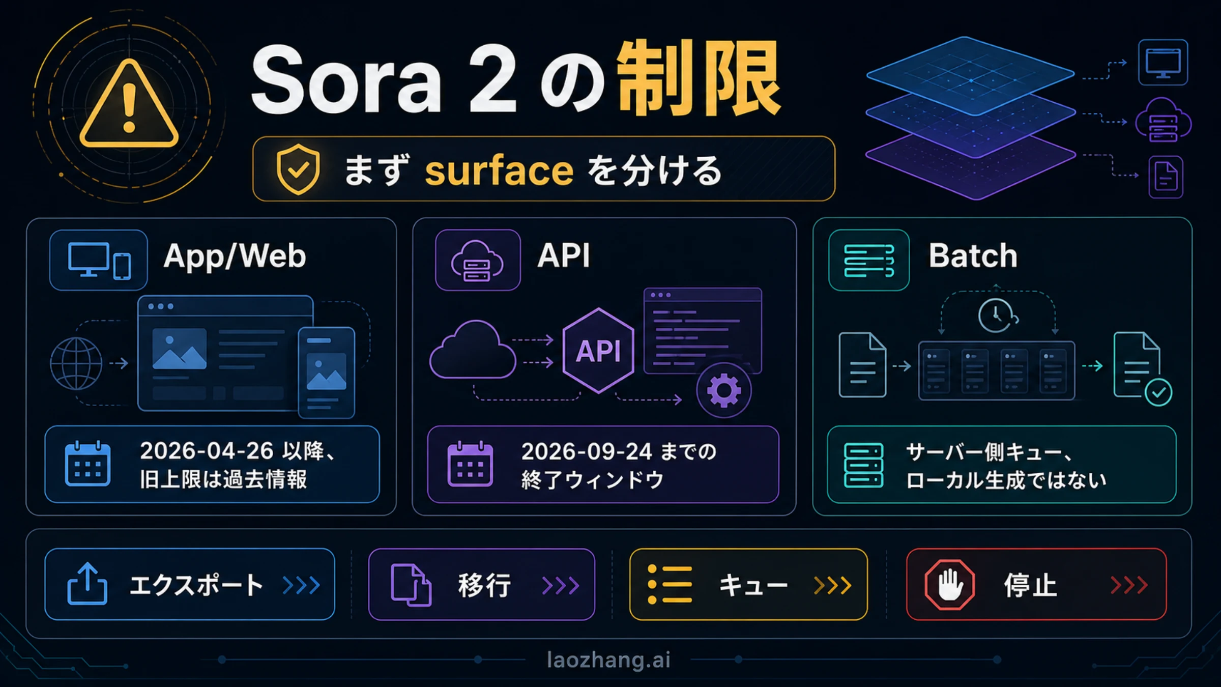 Sora 2 の制限をアプリの旧上限、API 終了、Batch キュー、エクスポートに分ける情報ボード