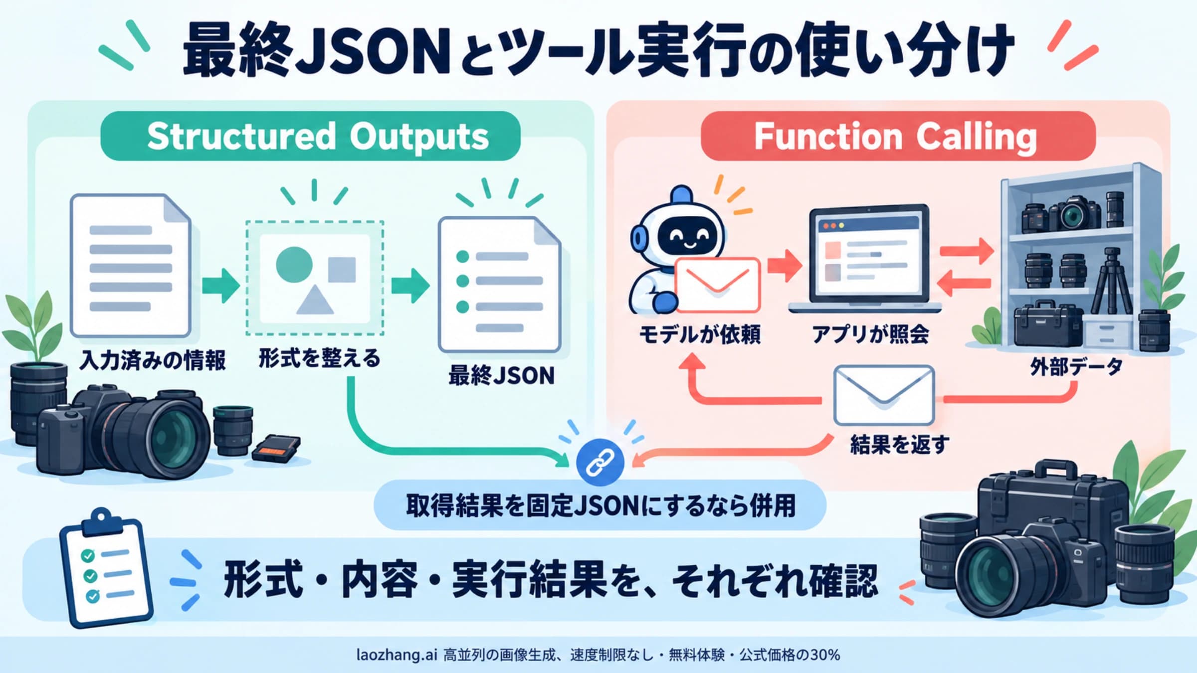 入力済みの情報を最終JSONにする経路と、アプリがツールを実行して結果を返す経路の比較