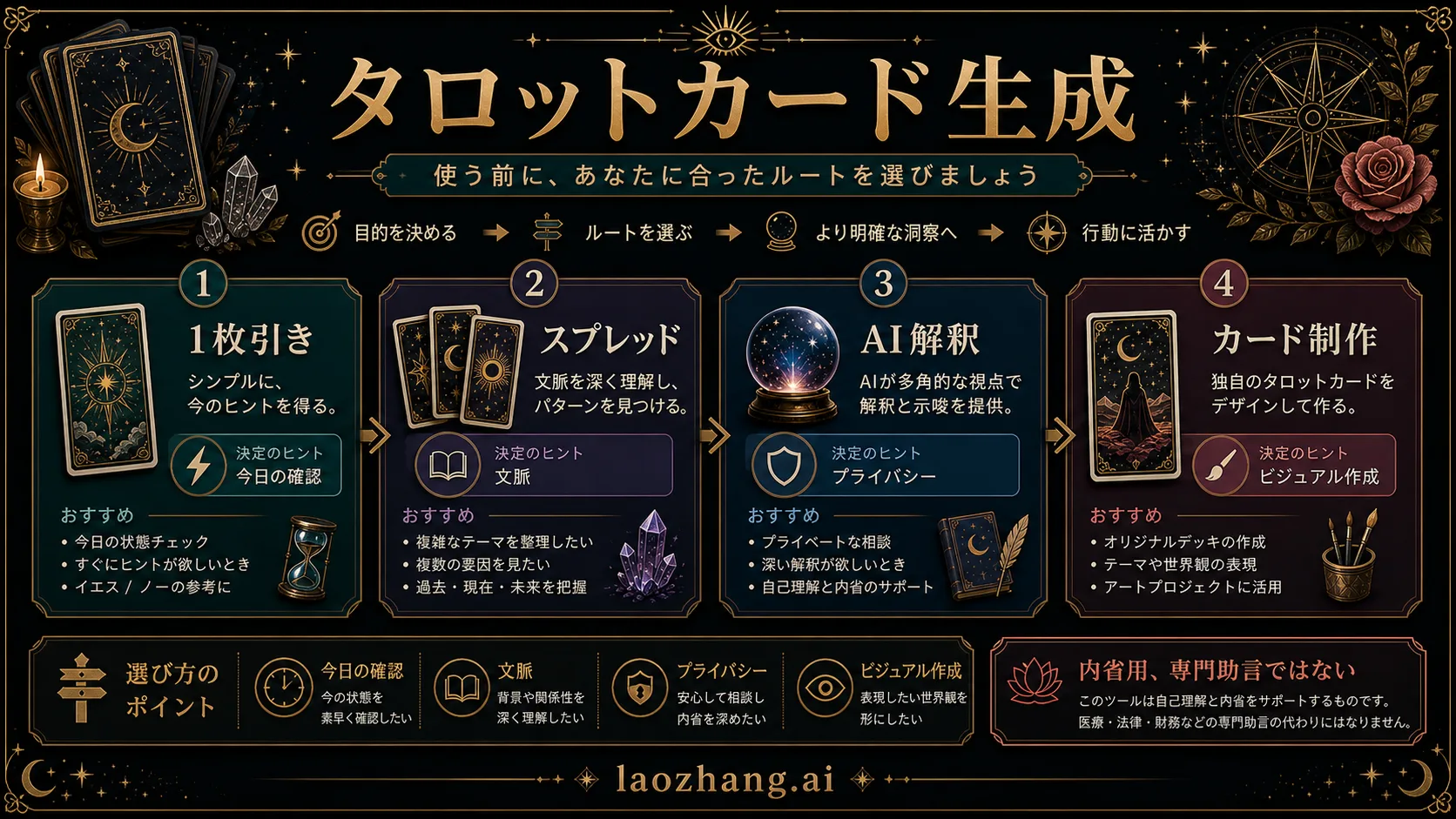 タロットカード生成の選択図:1枚引き、スプレッド、AI解釈、カード制作