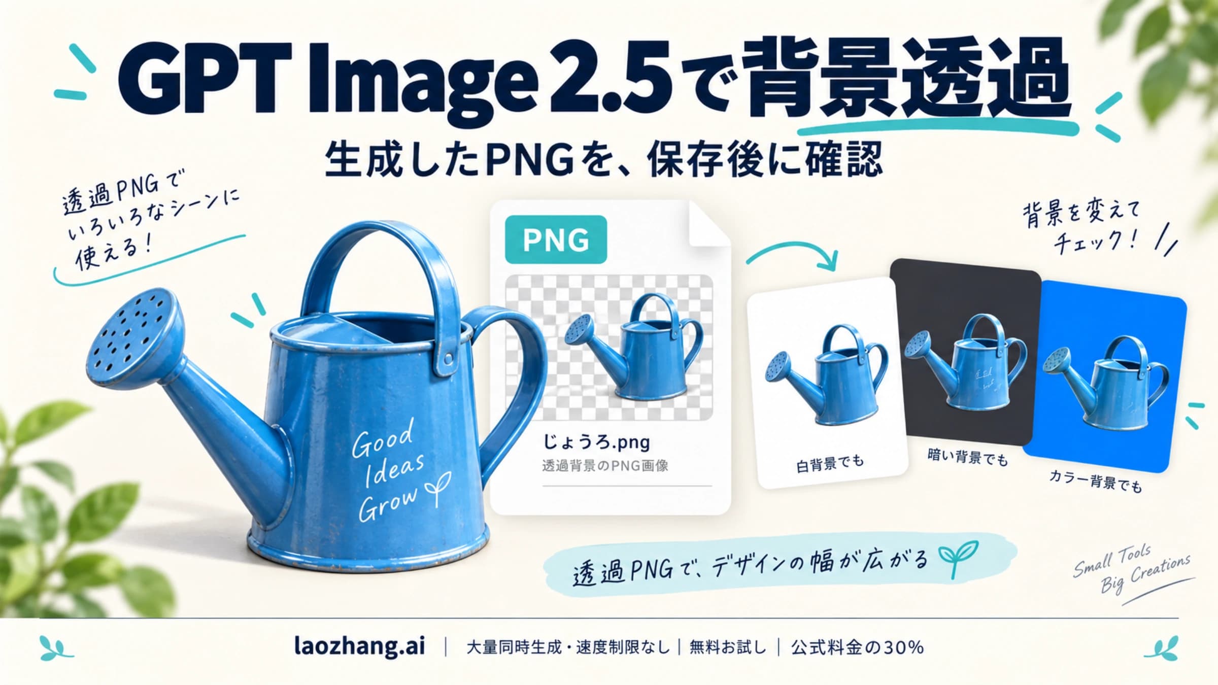 青いじょうろのPNG素材を白・黒・青の背景に重ね、保存後の透過確認を示した説明図