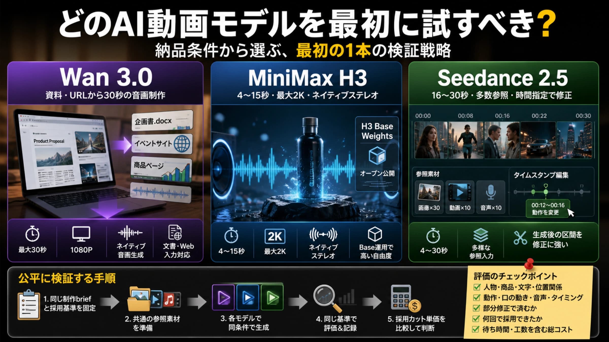 Wan 3.0・MiniMax H3・Seedance 2.5を納品条件で選ぶ比較カバー