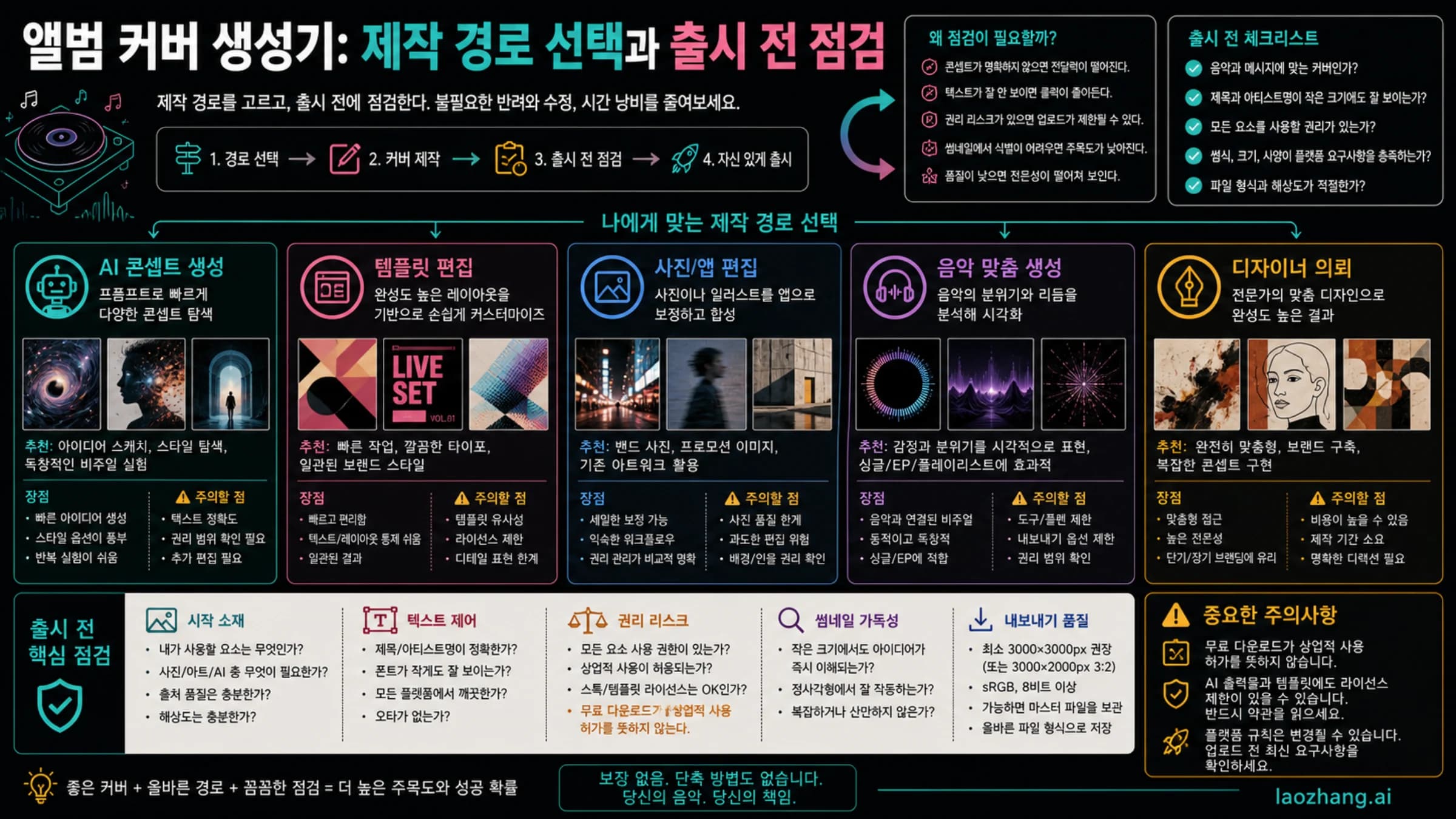 AI 생성기, 템플릿 편집기, 사진 앱, 음악 기반 도구, 디자이너를 비교하는 앨범 커버 제작 경로 보드