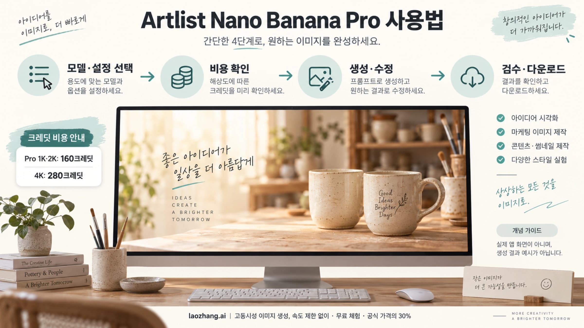 Artlist Nano Banana Pro의 모델 선택, 비용 확인, 생성·수정과 검수·다운로드 흐름