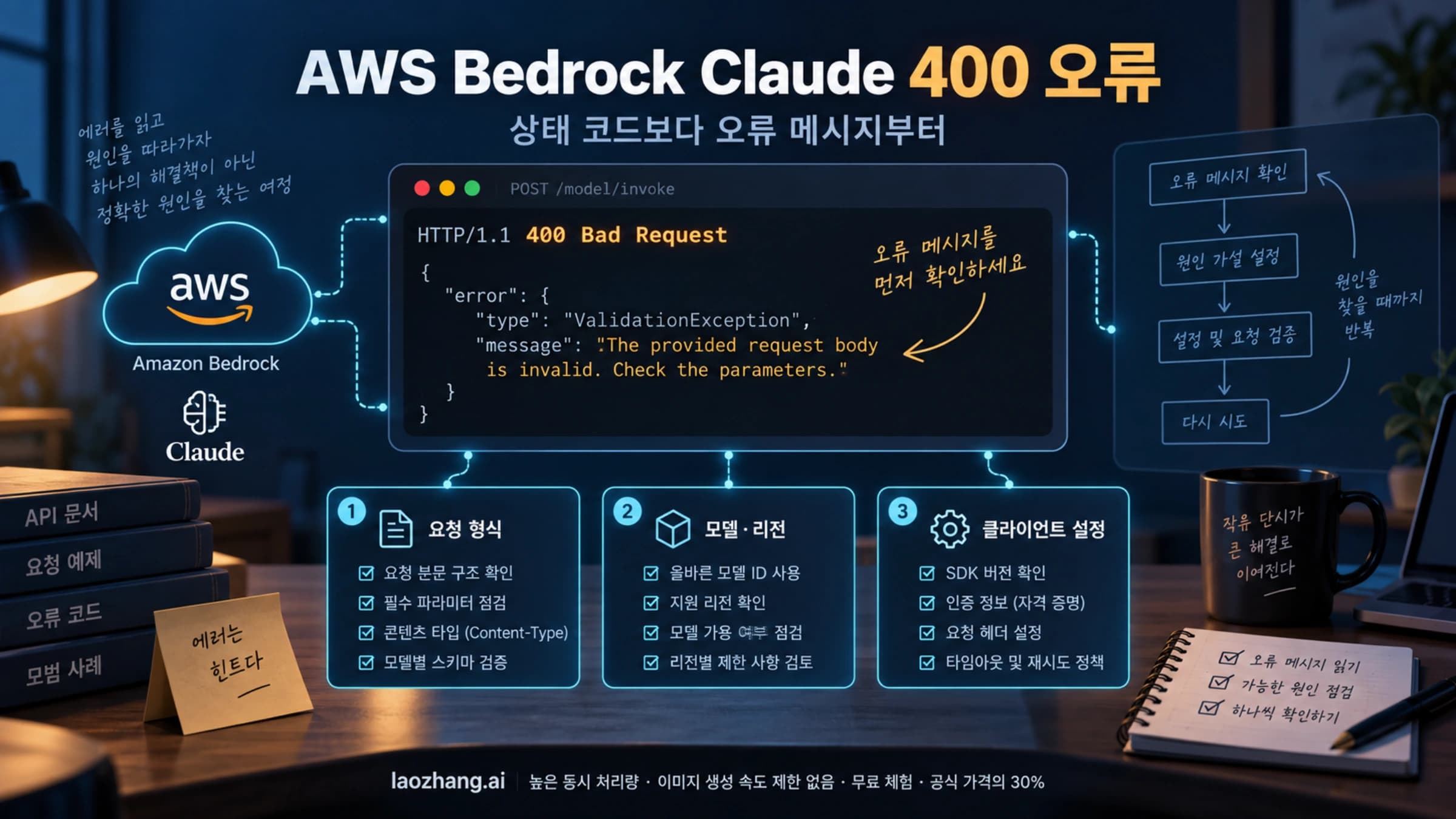 AWS Bedrock Claude 400 오류 메시지에서 요청 형식, 모델과 리전, 클라이언트 설정을 확인하는 진단 화면