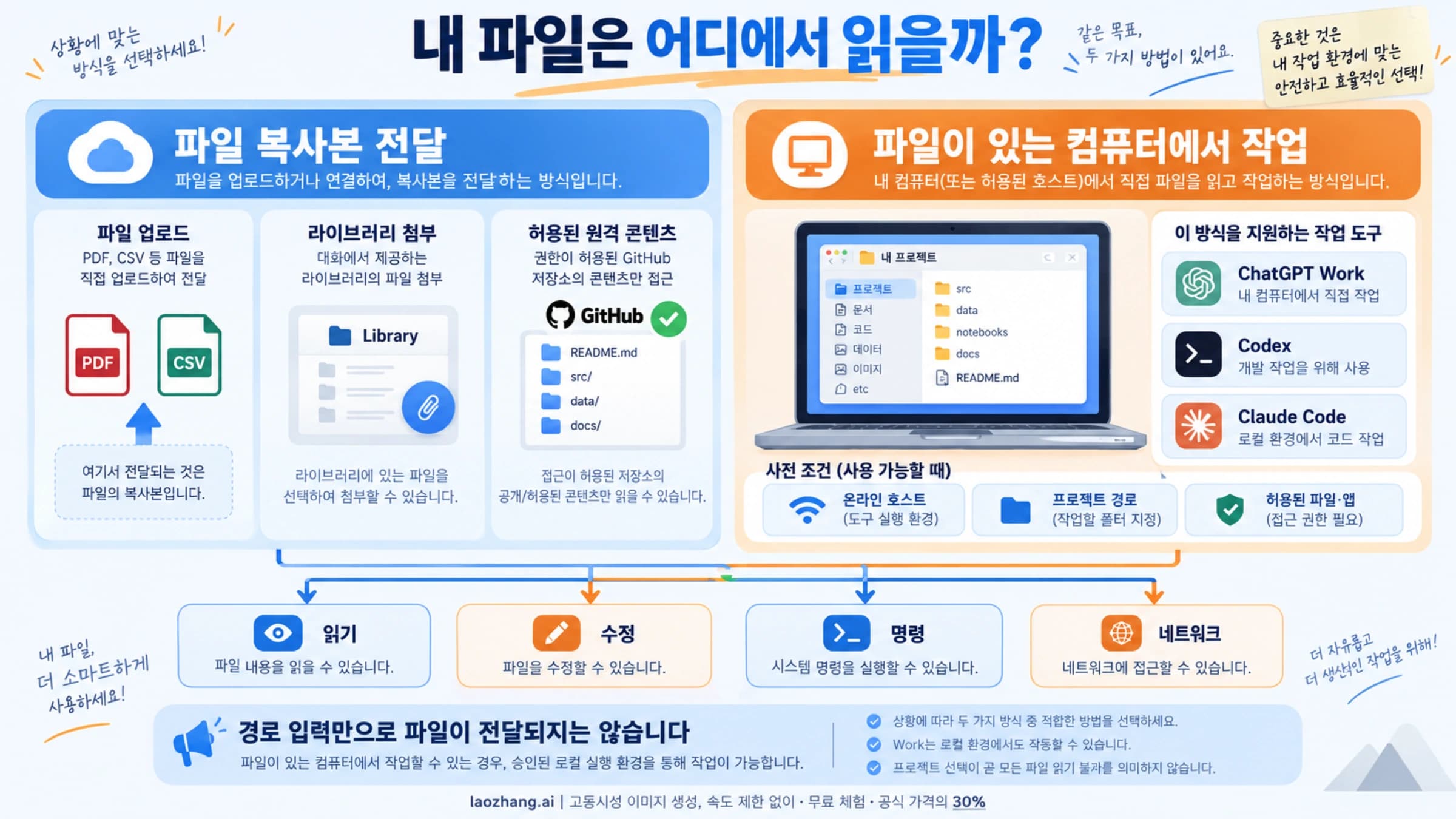 파일 복사본 전달과 실제 호스트에서의 로컬 작업을 구분하는 안내