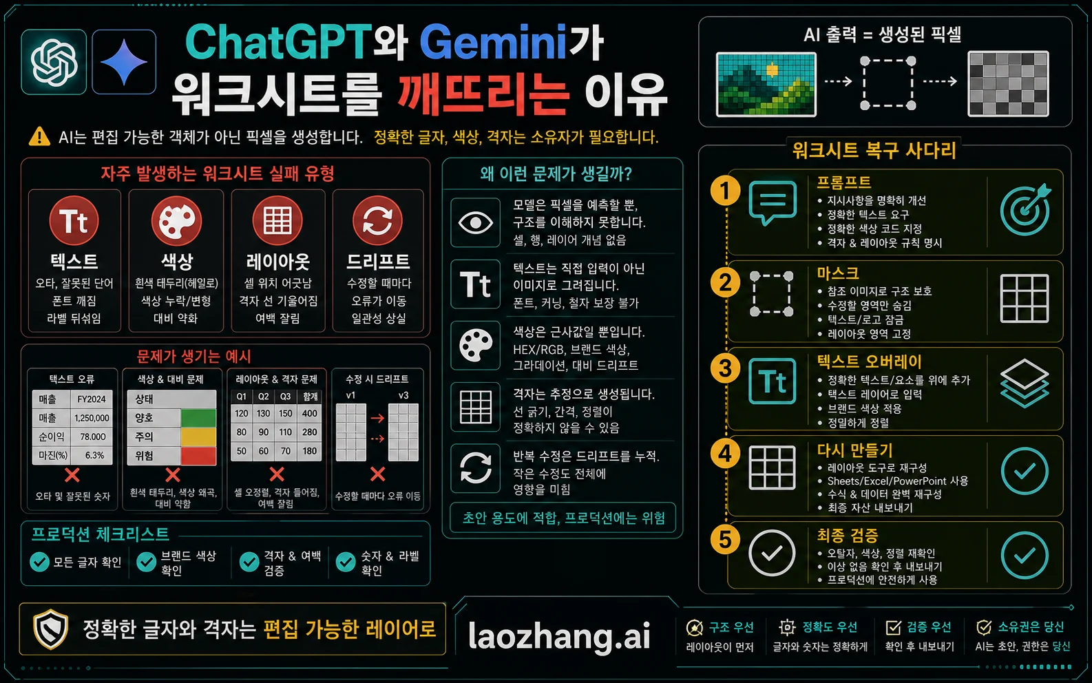 ChatGPT와 Gemini 이미지 생성이 텍스트, 색상, 워크시트 레이아웃을 깨뜨리는 이유.