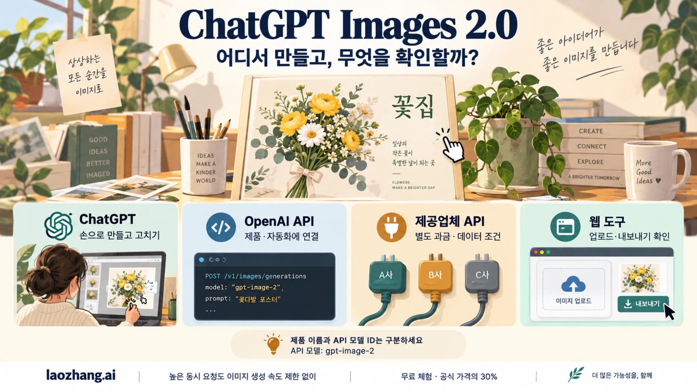 ChatGPT Images 2.0을 ChatGPT, OpenAI API, 제공업체 API, 웹 도구로 나눠 시작 경로를 고르는 그림
