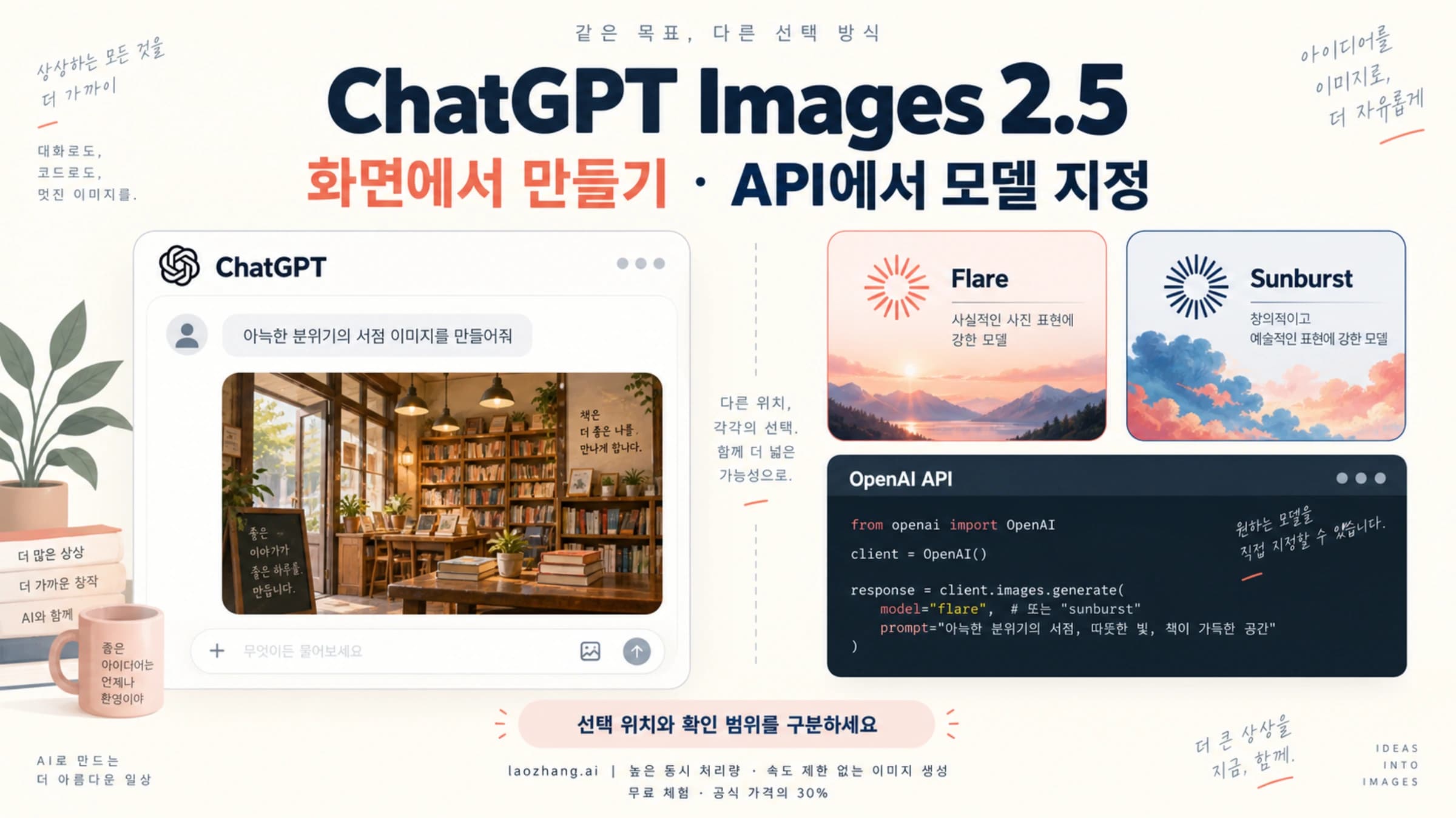 ChatGPT 대화창과 OpenAI API의 Flare·Sunburst 모델 카드를 나란히 배치한 설명도