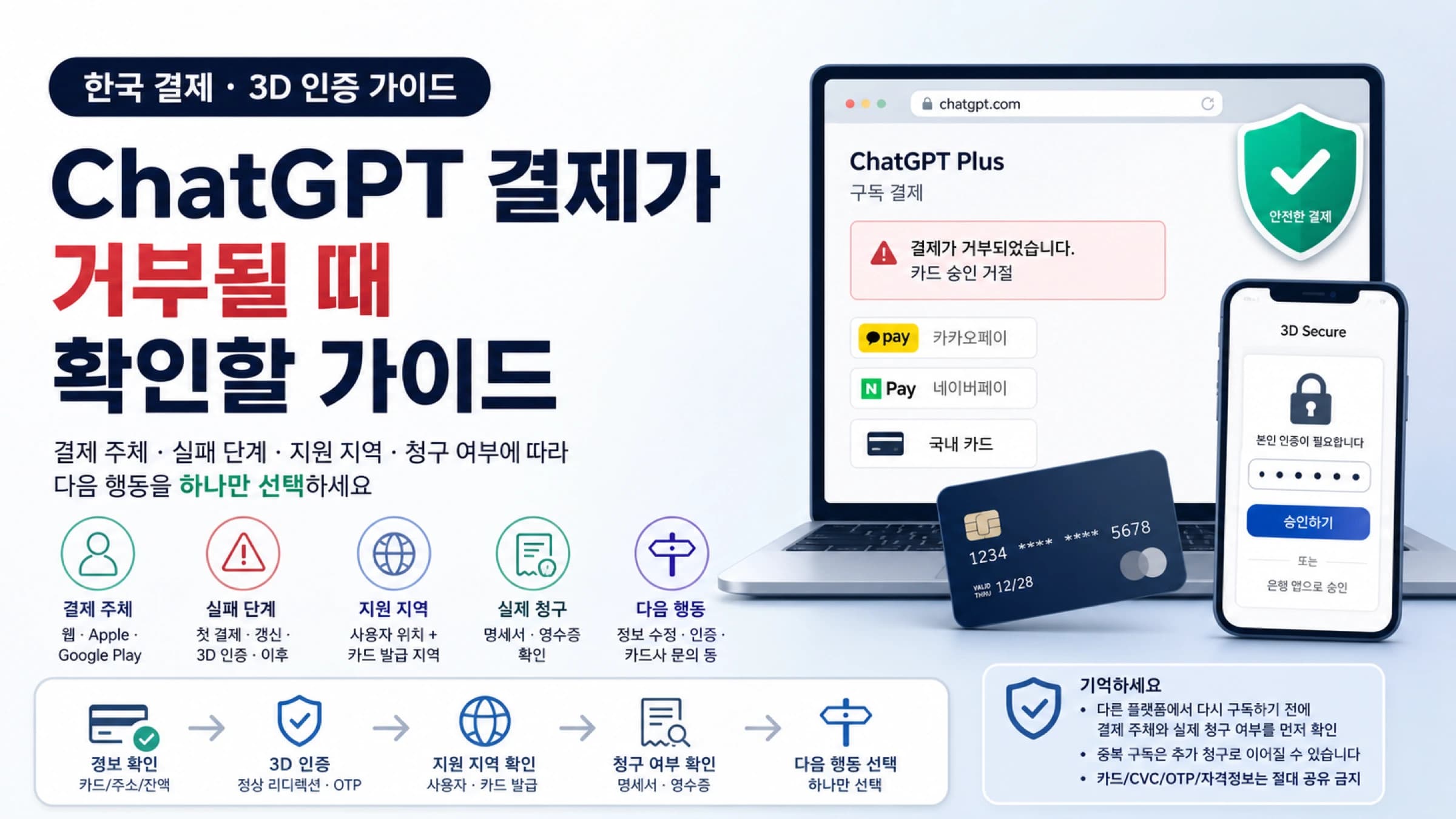 ChatGPT 결제 거부를 결제 주체, 실패 단계, 지원 지역, 청구 여부, 다음 행동으로 나누는 판단 지도