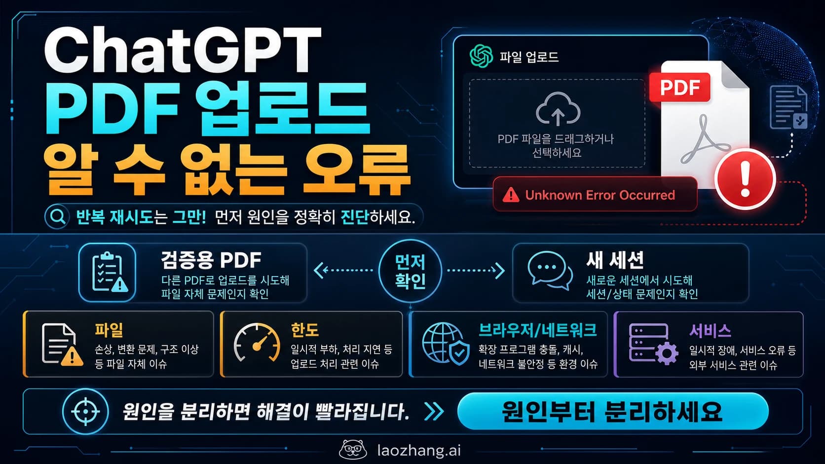 검증용 PDF와 새 세션으로 ChatGPT PDF 업로드 알 수 없는 오류를 진단하는 보드