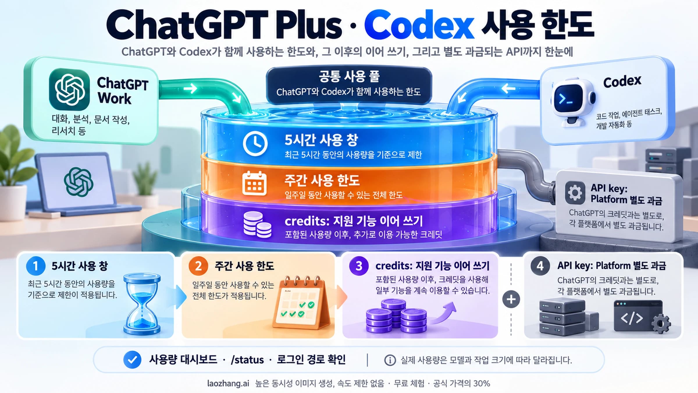 ChatGPT Plus Codex 사용 한도를 사용 창, 주간 사용층, credits, API key 과금으로 나눈 보드