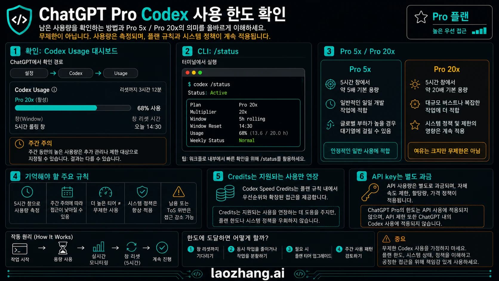 ChatGPT Pro Codex quota reset 확인 보드: Usage 패널, /status, Pro 5x/20x, credits, API key 분리와 reset 판단