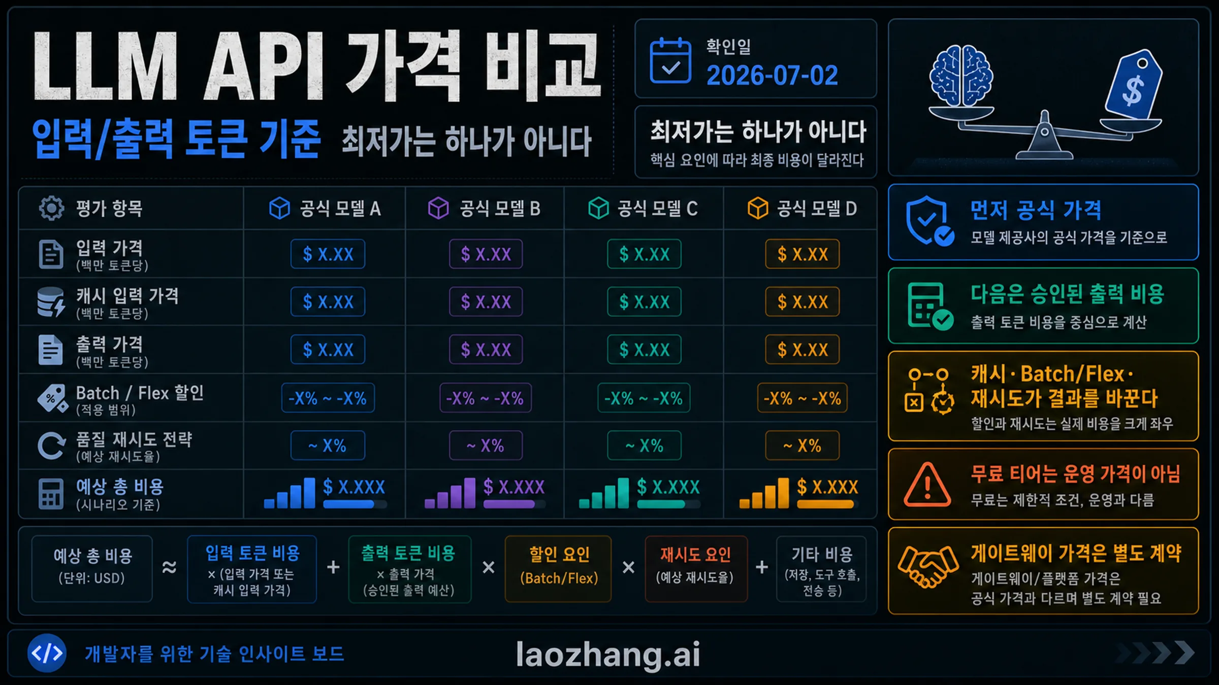 입력/출력 토큰, 캐시, Batch/Flex, 재시도, 게이트웨이 계약을 보여주는 LLM API 가격 비교 보드.
