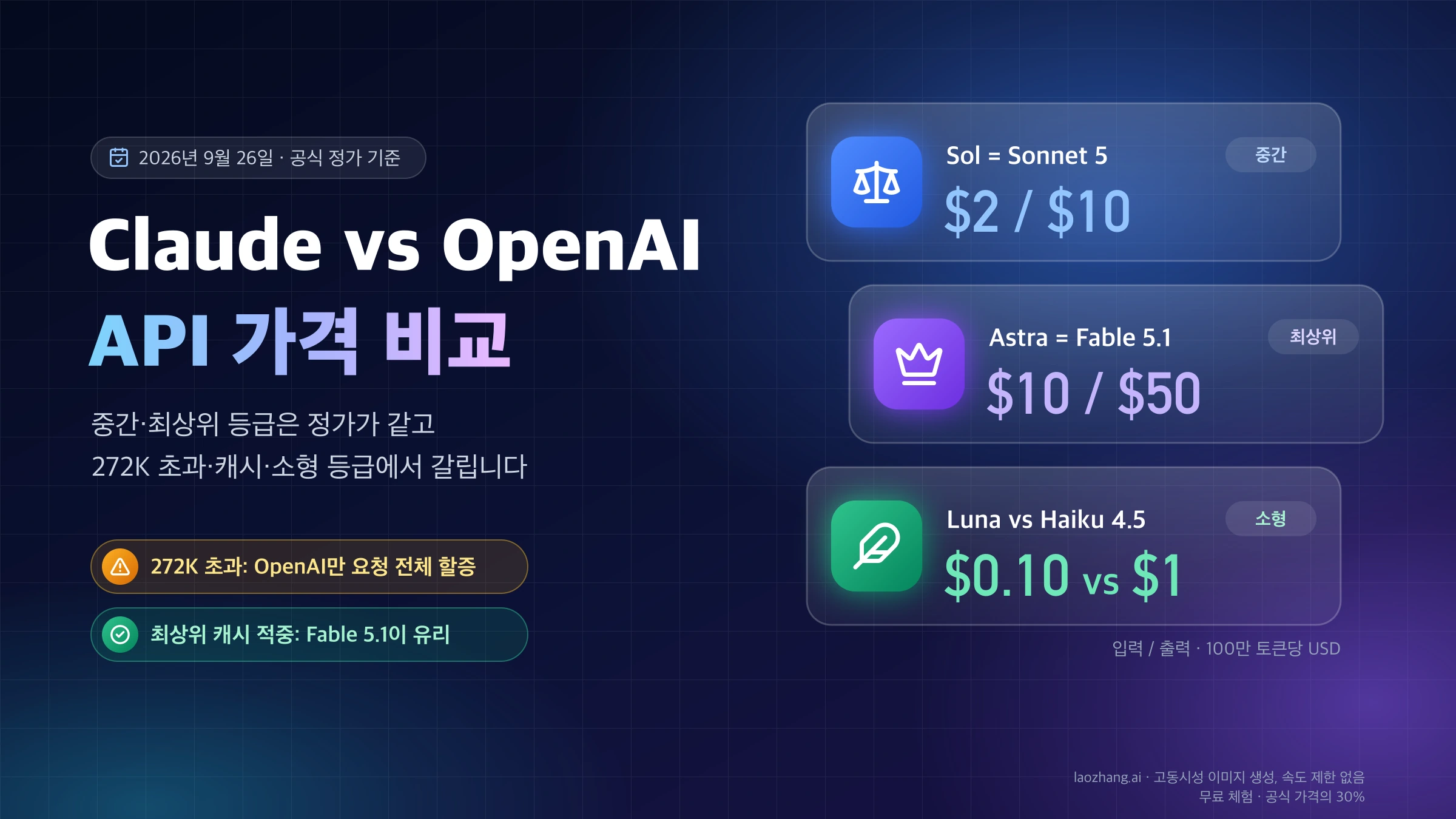Claude API와 OpenAI API 가격 비교 표지. Sol과 Sonnet 5는 입력 $2·출력 $10, Astra와 Fable 5.1은 $10·$50으로 같고 소형 등급은 Luna $0.10 대 Haiku 4.5 $1