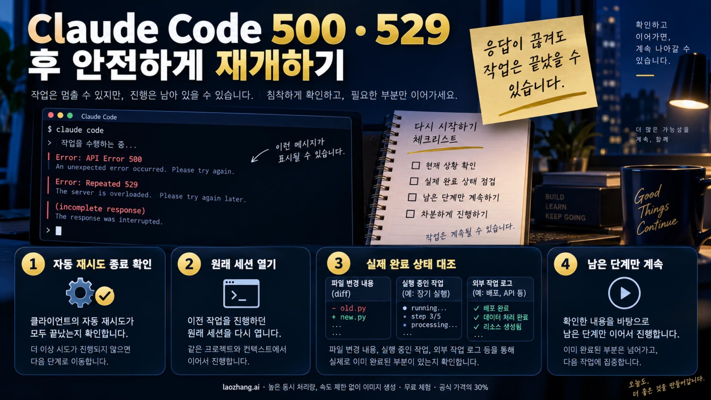 Claude Code 500과 529 후 원래 세션과 실제 완료 상태를 확인하고 남은 단계만 이어가는 흐름