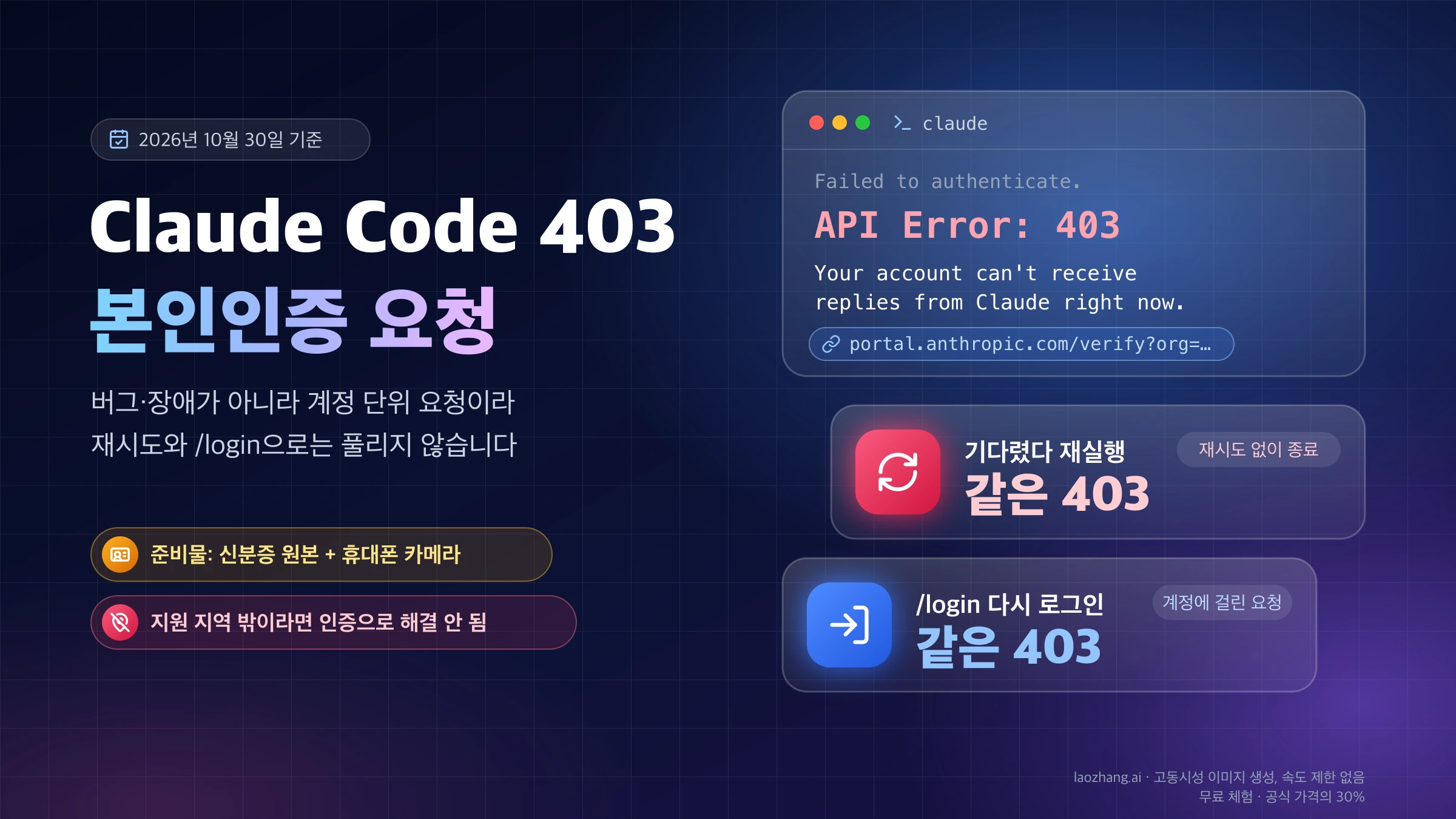 Claude Code 터미널의 API Error 403 본인인증 요청 메시지와 portal.anthropic.com 링크, 재실행과 /login으로는 같은 403이 반복된다는 안내