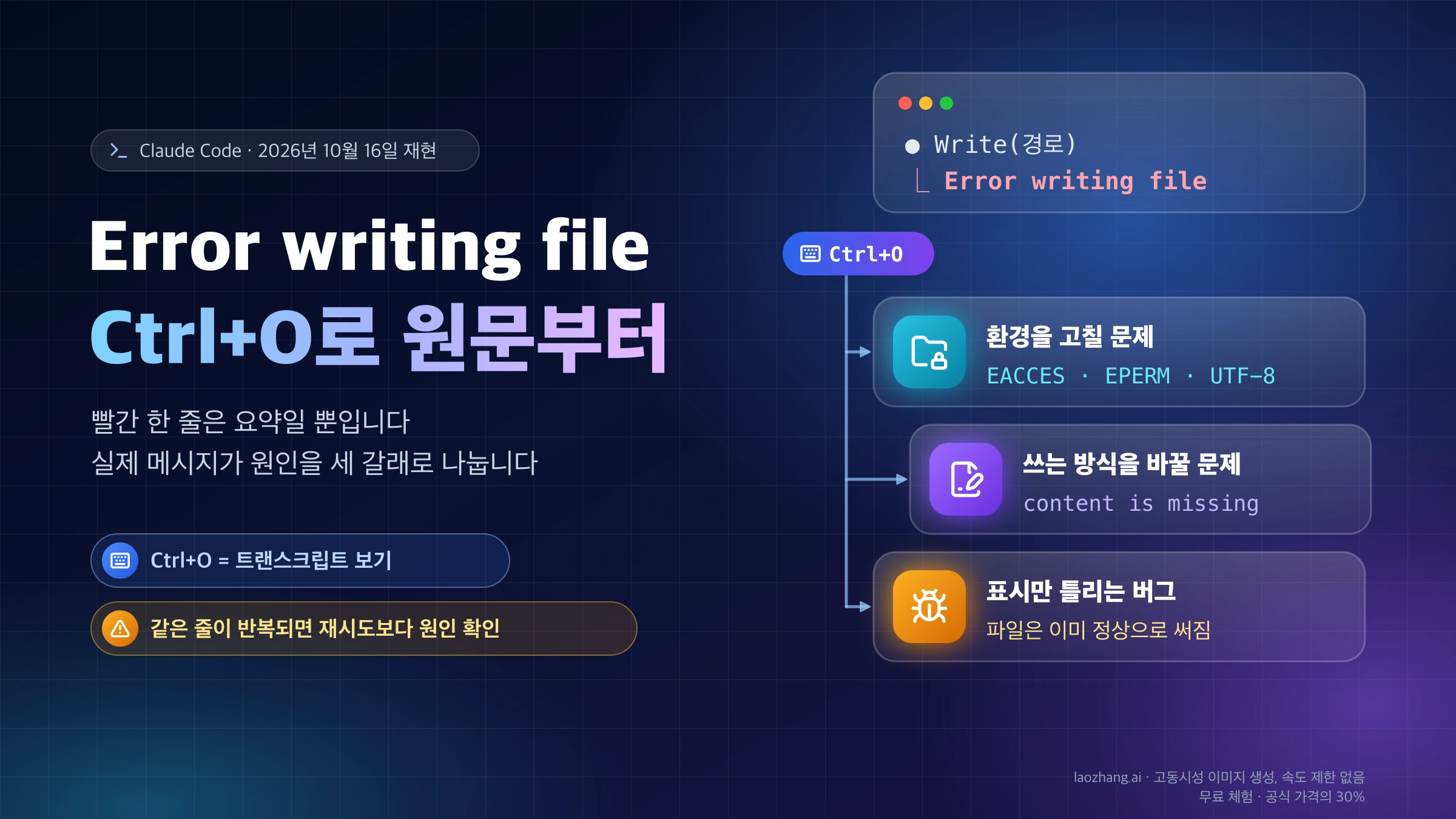 Claude Code의 Error writing file 요약 줄에서 Ctrl+O로 원문을 열어 환경 문제, 쓰는 방식 문제, 표시 버그로 나누는 흐름