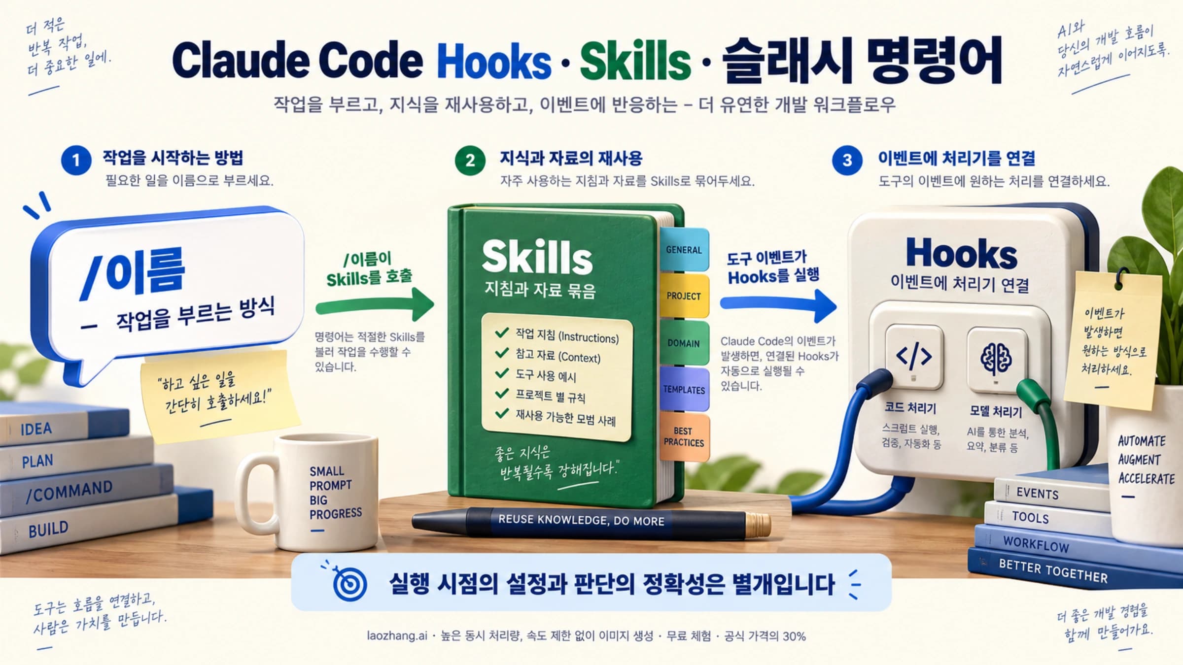 Claude Code에서 슬래시 호출, 재사용 지침인 Skills, 이벤트 처리기인 Hooks의 관계