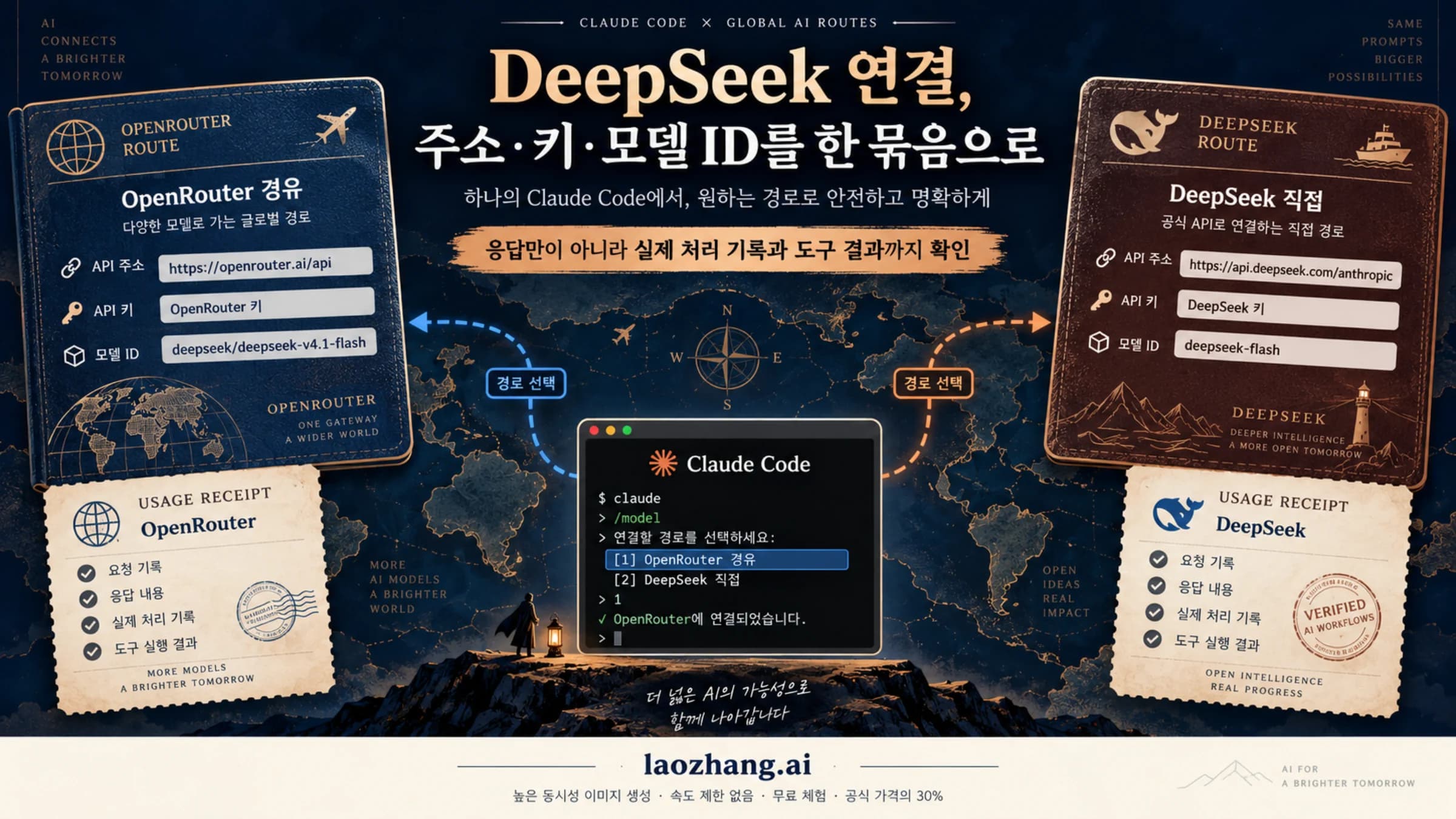OpenRouter 경유와 DeepSeek 직접 연결의 주소, 키와 모델 ID를 따로 묶는 안내