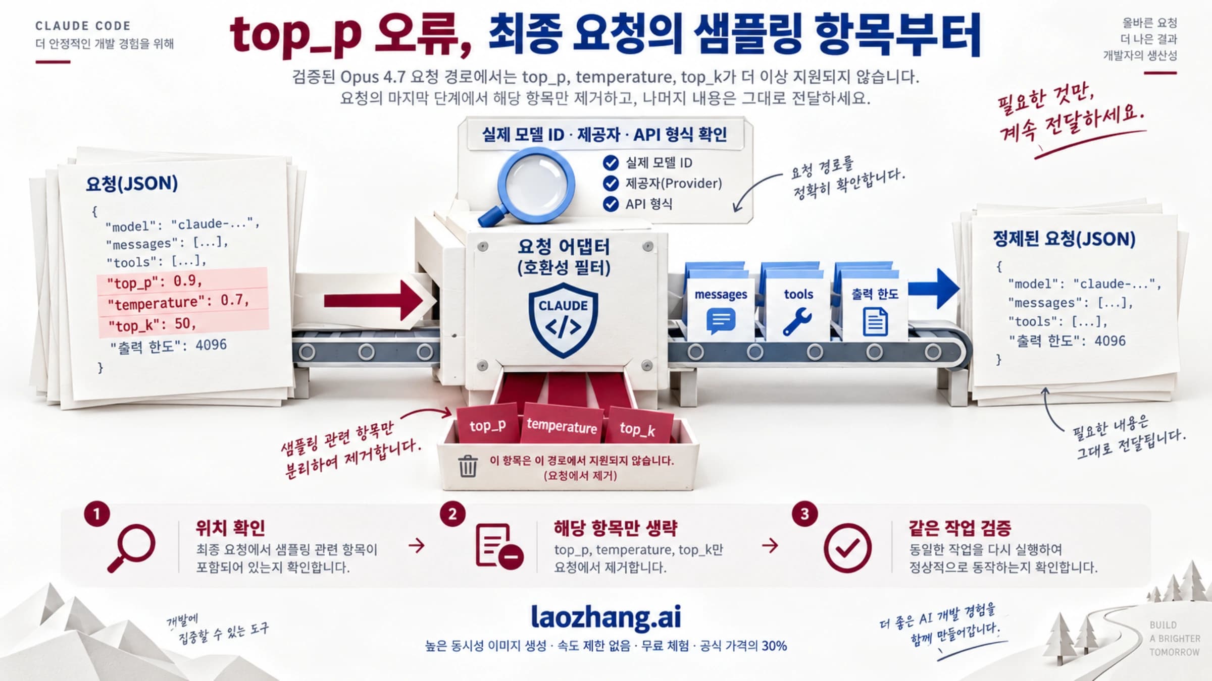 실제 모델과 API 형식을 확인한 뒤 최종 요청에서 샘플링 항목만 제거하는 안내