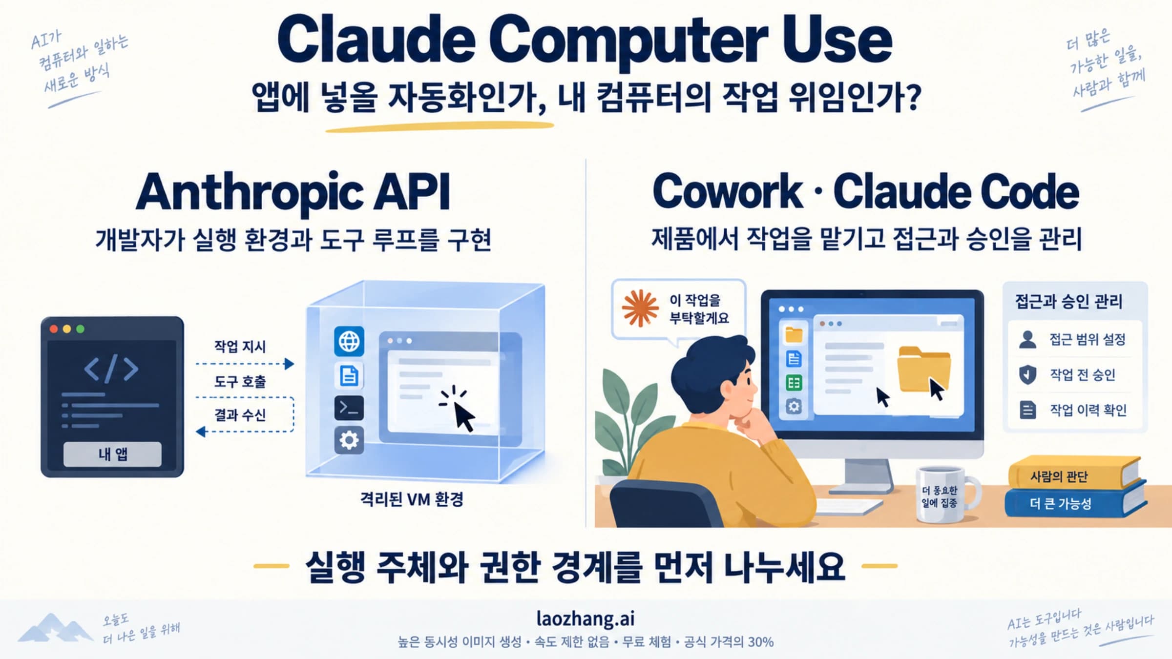 Claude Computer Use를 개발자 소유 API 자동화와 데스크톱 작업 위임으로 나눈 설명용 그림