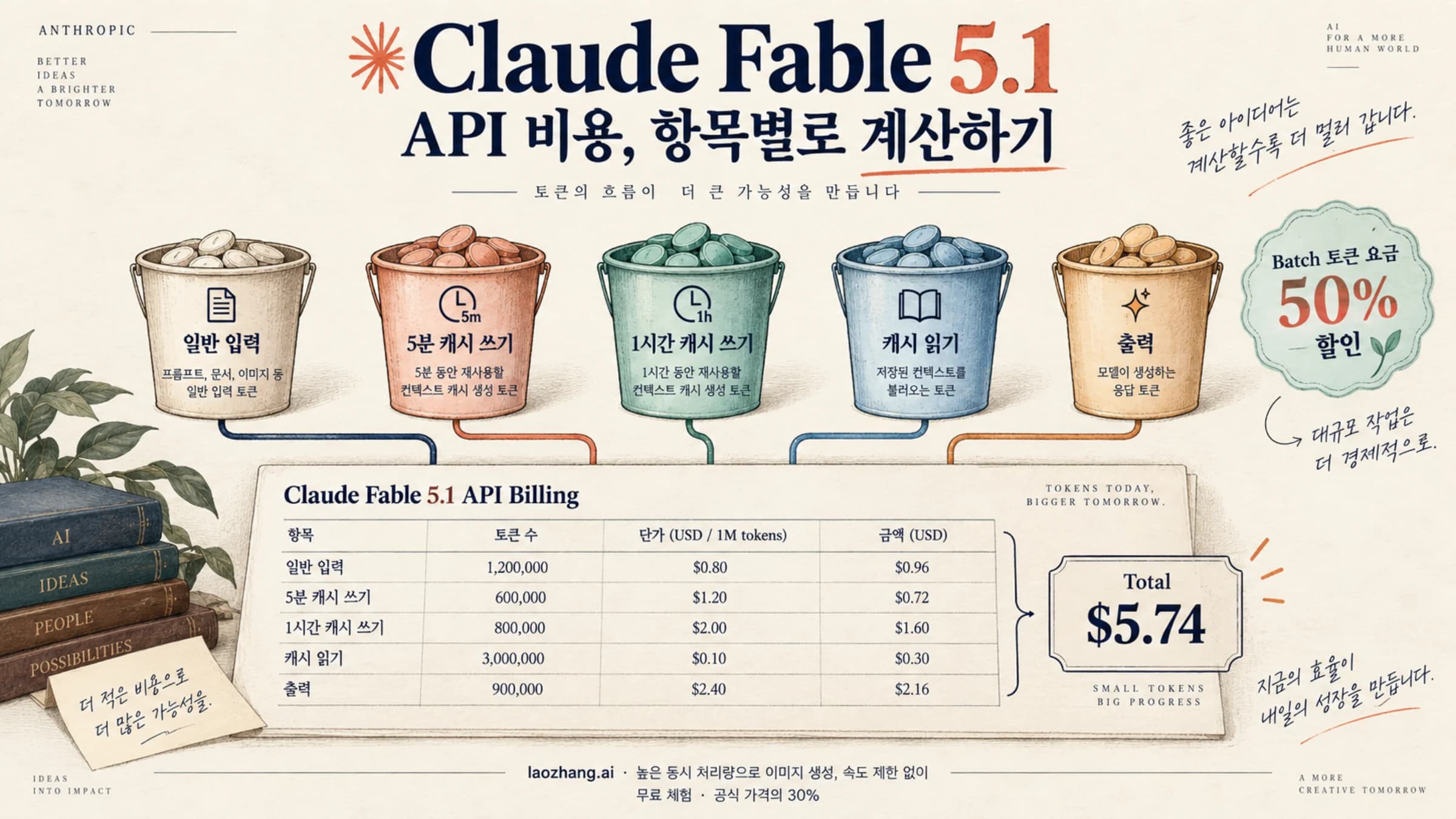 Claude Fable 5.1 API의 입력, 캐시 쓰기와 읽기, 출력 비용을 나누어 보여 주는 그림