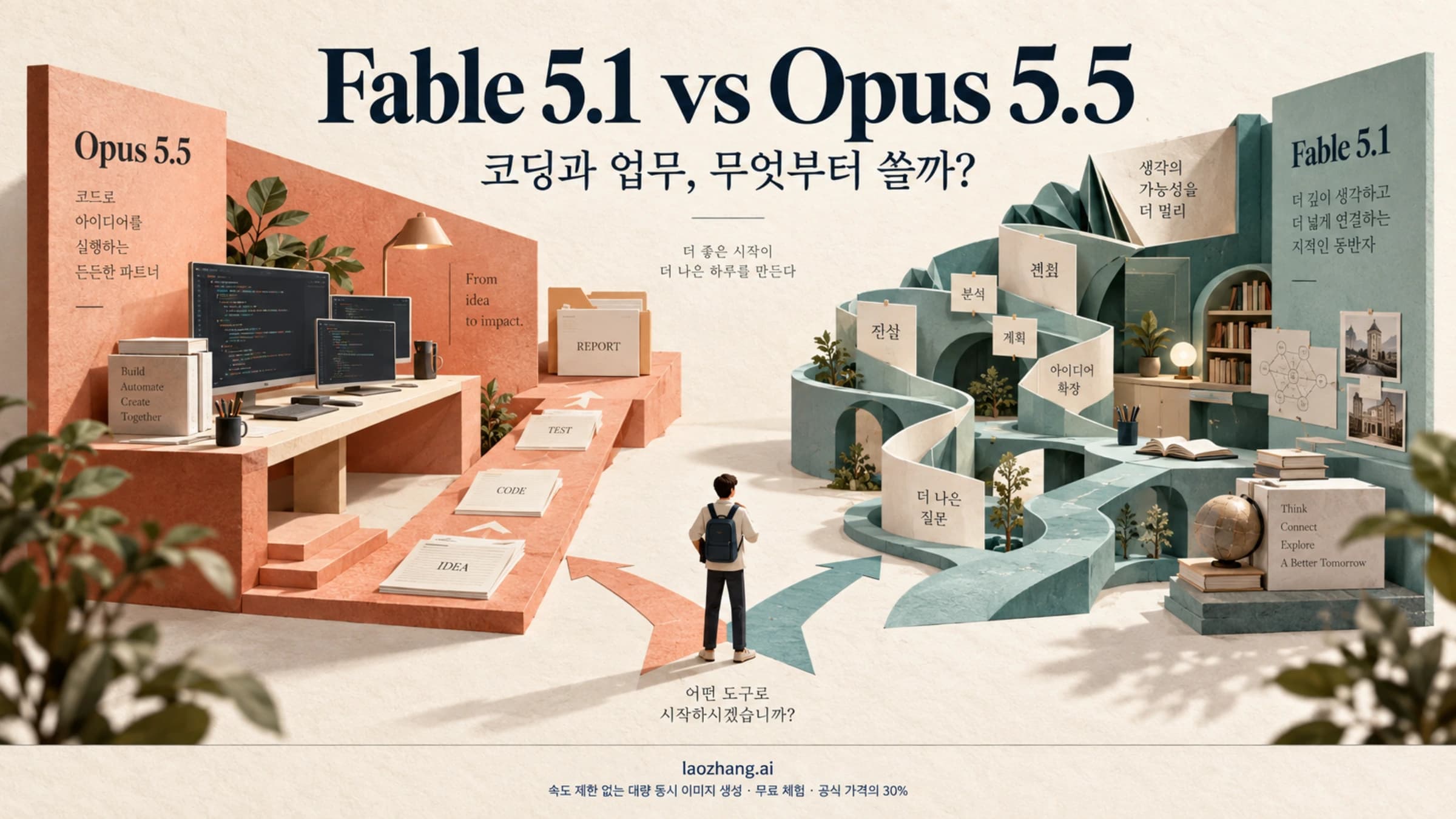 코딩과 문서 작업을 위한 Opus 5.5와 복잡한 문제를 검토할 Fable 5.1의 선택을 표현한 그림